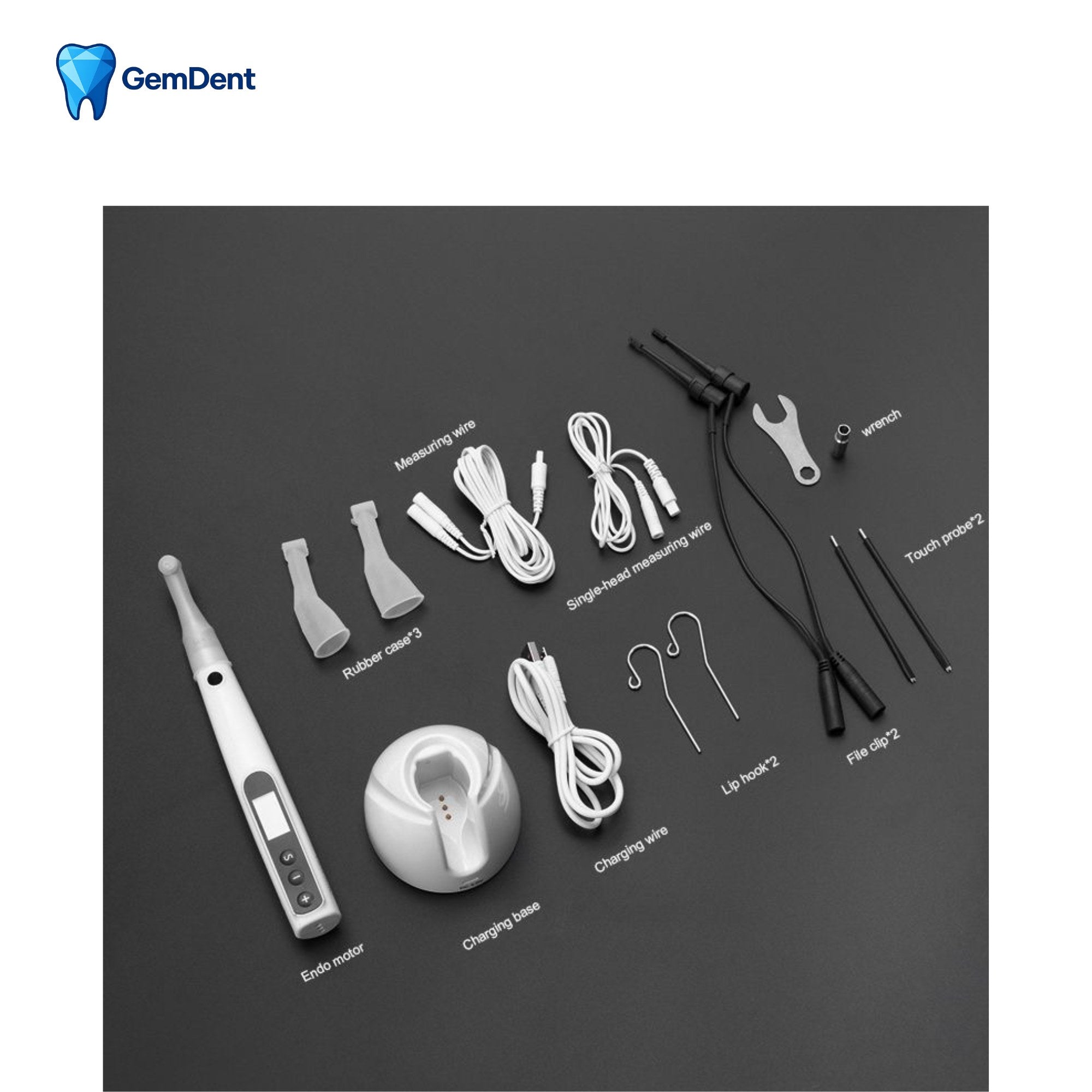 Endodontic motor kit contents including file clips lip hooks probes cables and charging base