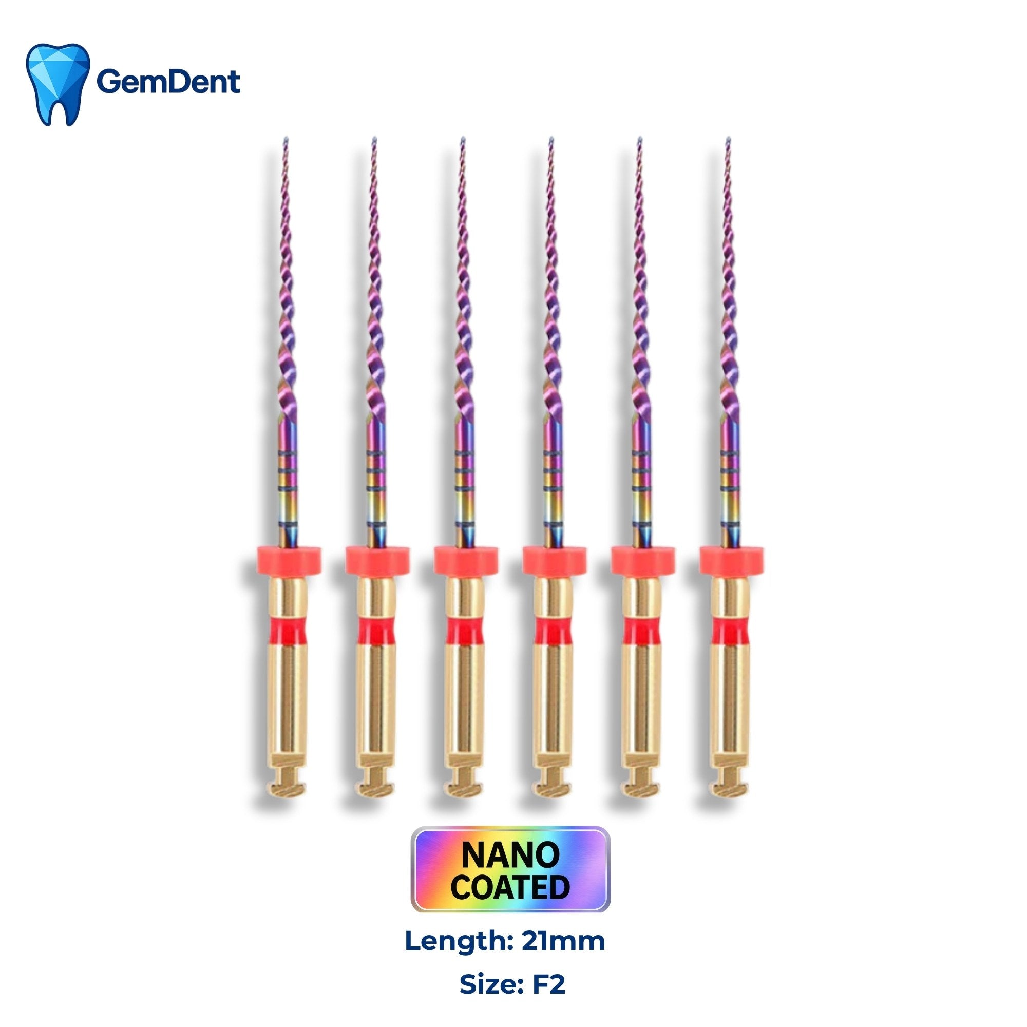 GemDent ApexDrive NiTi Rainbow Rotary Files (Nano Coated) 21mm F2 (6 Files)