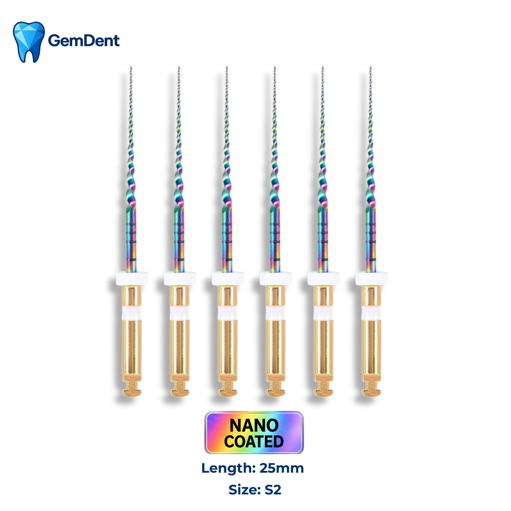 GemDent ApexDrive NiTi Rainbow Rotary Files (Nano Coated) 25mm S2 (6 Files)