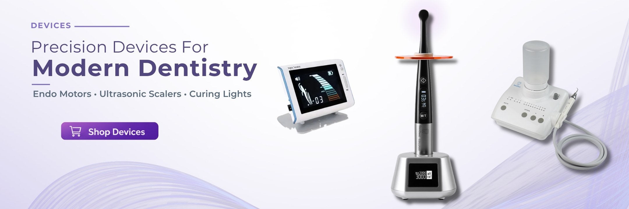 GemDent clinical devices including endo motor, LED curing light, and ultrasonic scaler for modern dentistry
