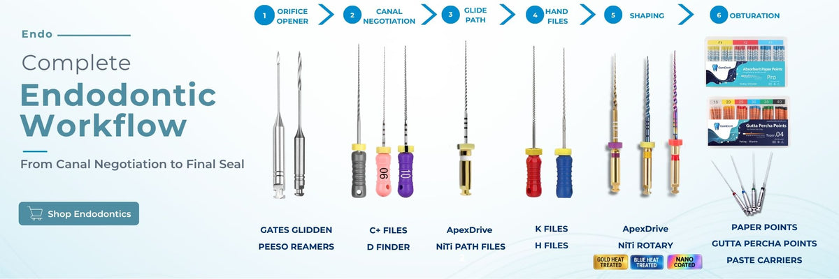 GemDent complete endodontic workflow showing glide path, shaping with NiTi rotary files (gold, blue, nano coated), and obturation with paper points and gutta percha