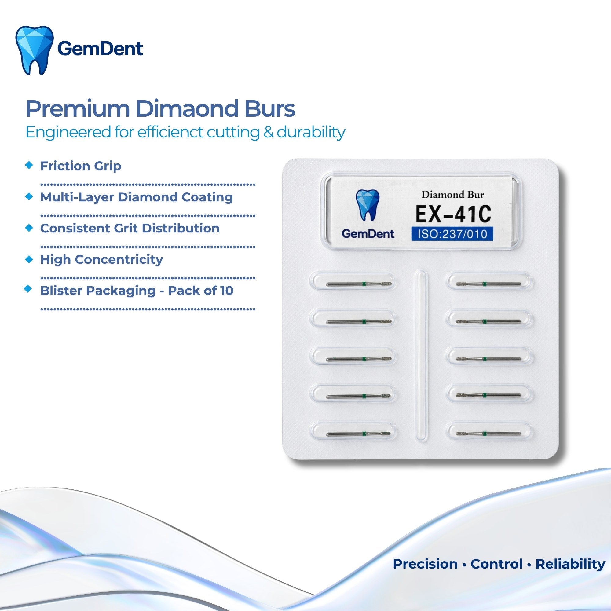 GemDent Diamond Burs Features Friction Grip Multi Layer coating and high concentricity accompanied by a blister packaging of 10 burs