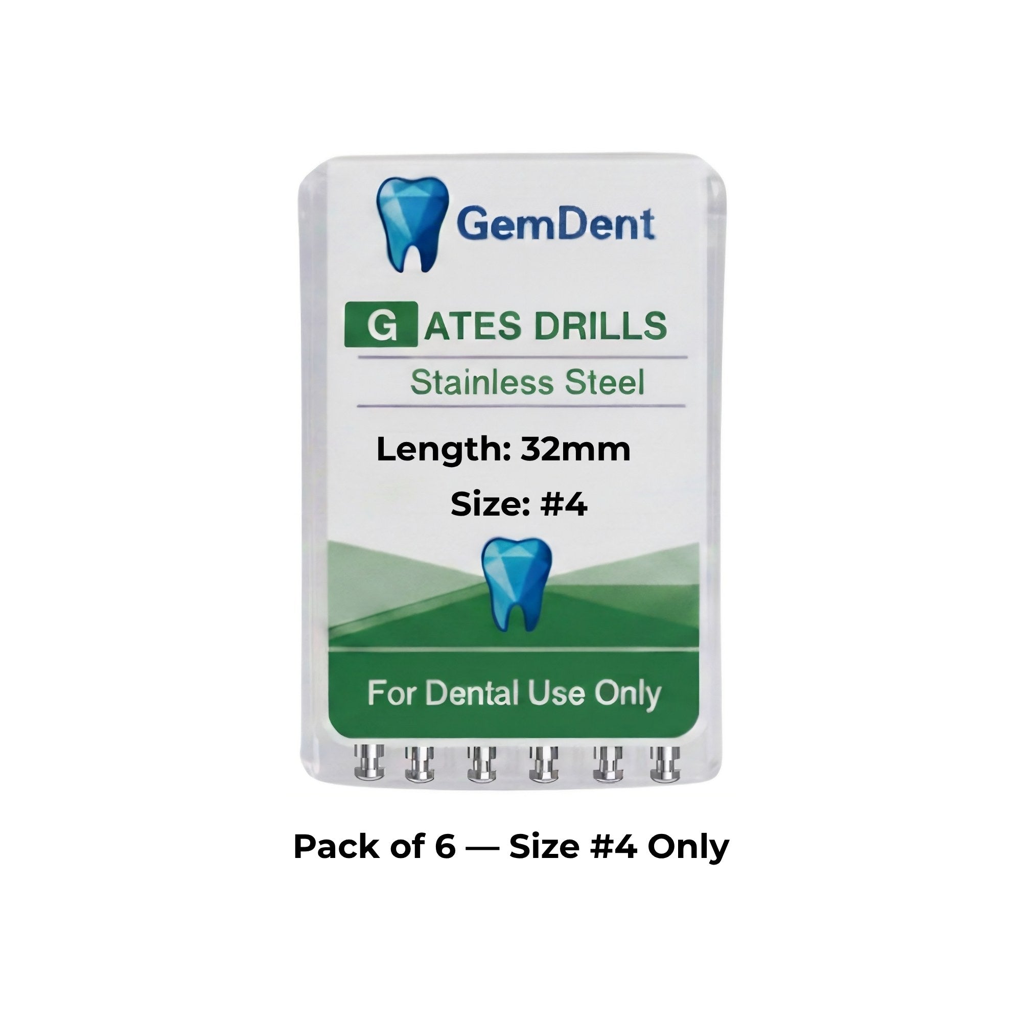 GemDent Stainless Steel Gates Glidden Drills 32mm #4 Pack of 6