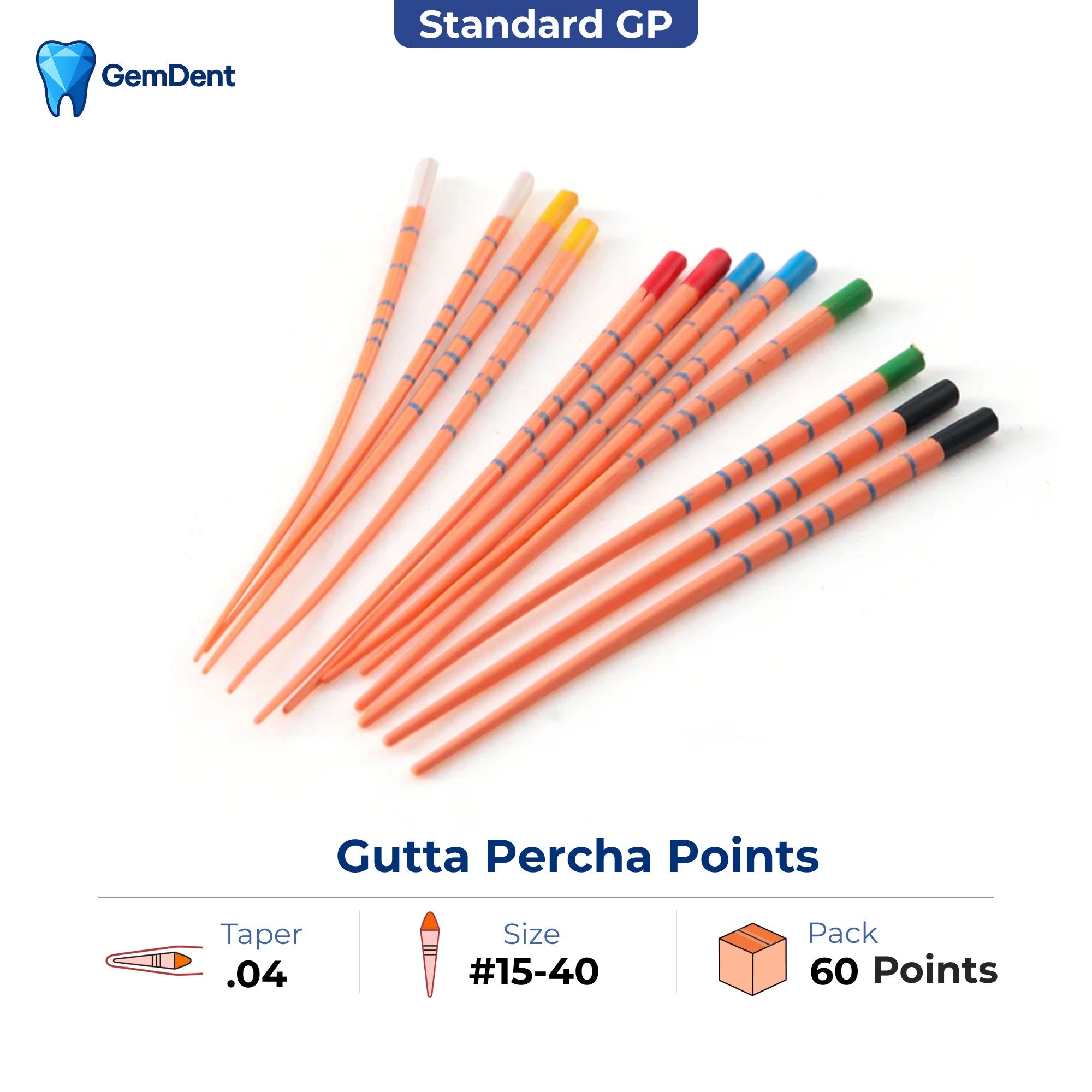 GemDent gutta percha points taper 04 assorted sizes 15-40 ISO color coded 60 points endodontic obturation