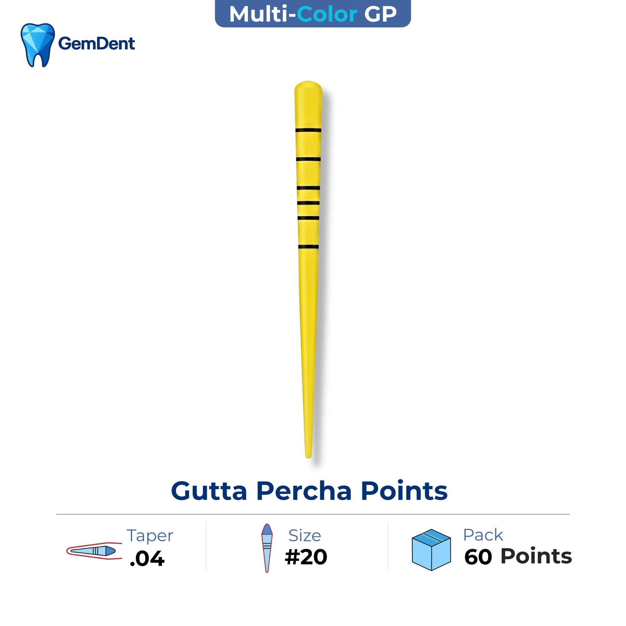 GemDent multi-colored gutta percha points taper 04 size 20 ISO color coded 60 points endodontic