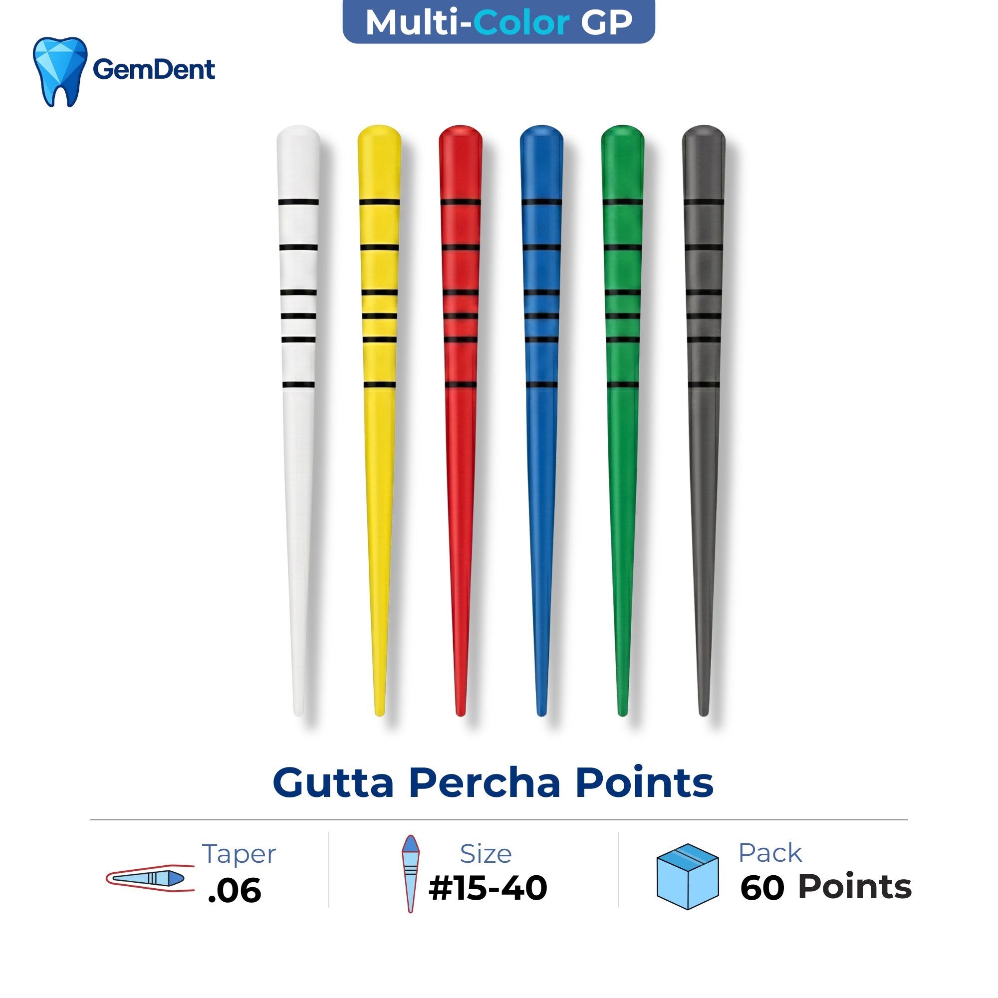 GemDent multi-colored gutta percha points taper 06 assorted sizes 15-40 ISO color coded 60 points endodontic