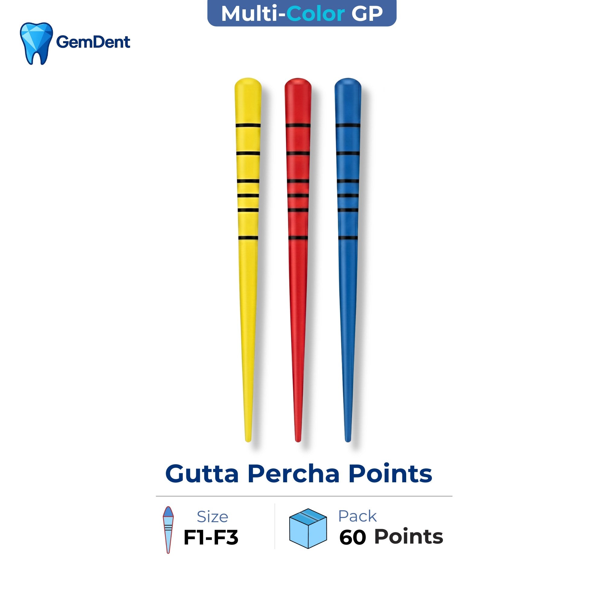 GemDent multi-colored gutta percha points F1 F2 F3 assorted sizes ProTaper compatible endodontic obturation 60 points