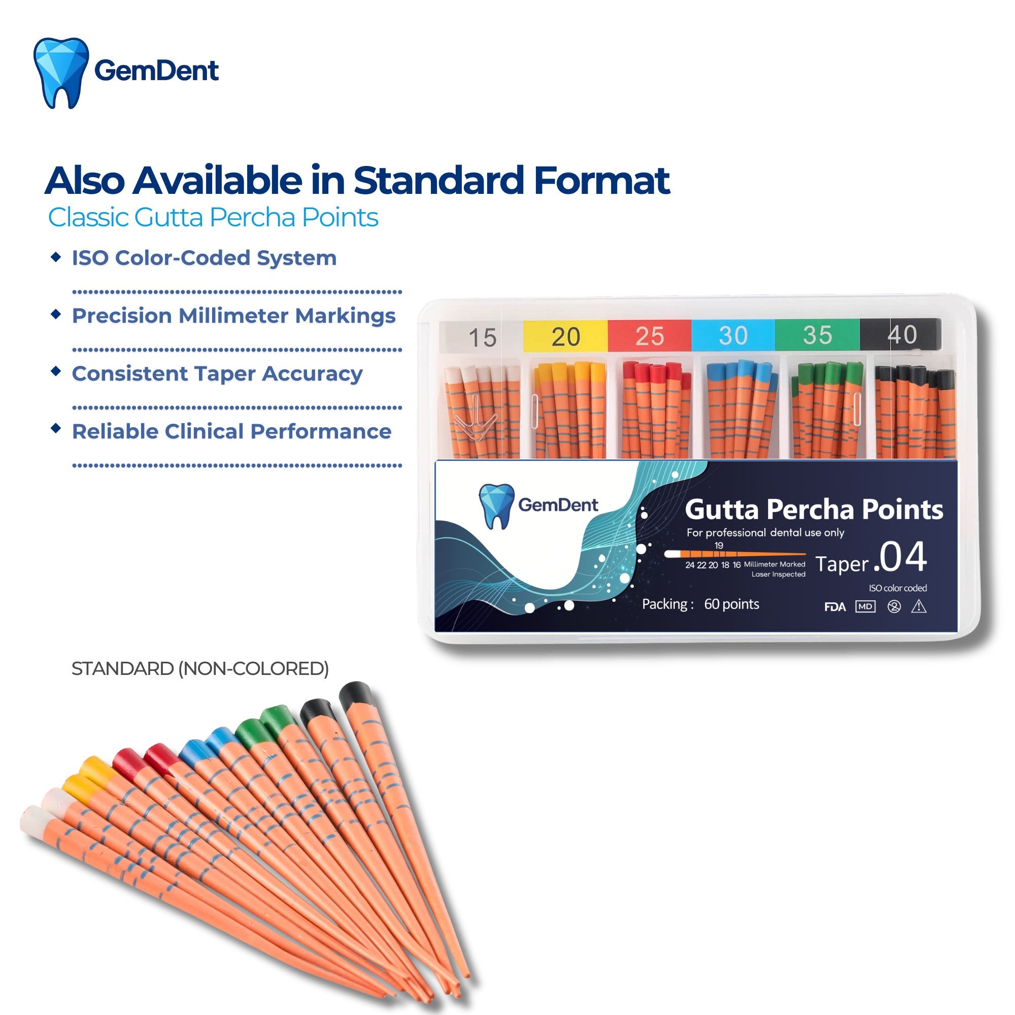 GemDent gutta percha points standard ISO color coded dental obturation points assorted 15-40