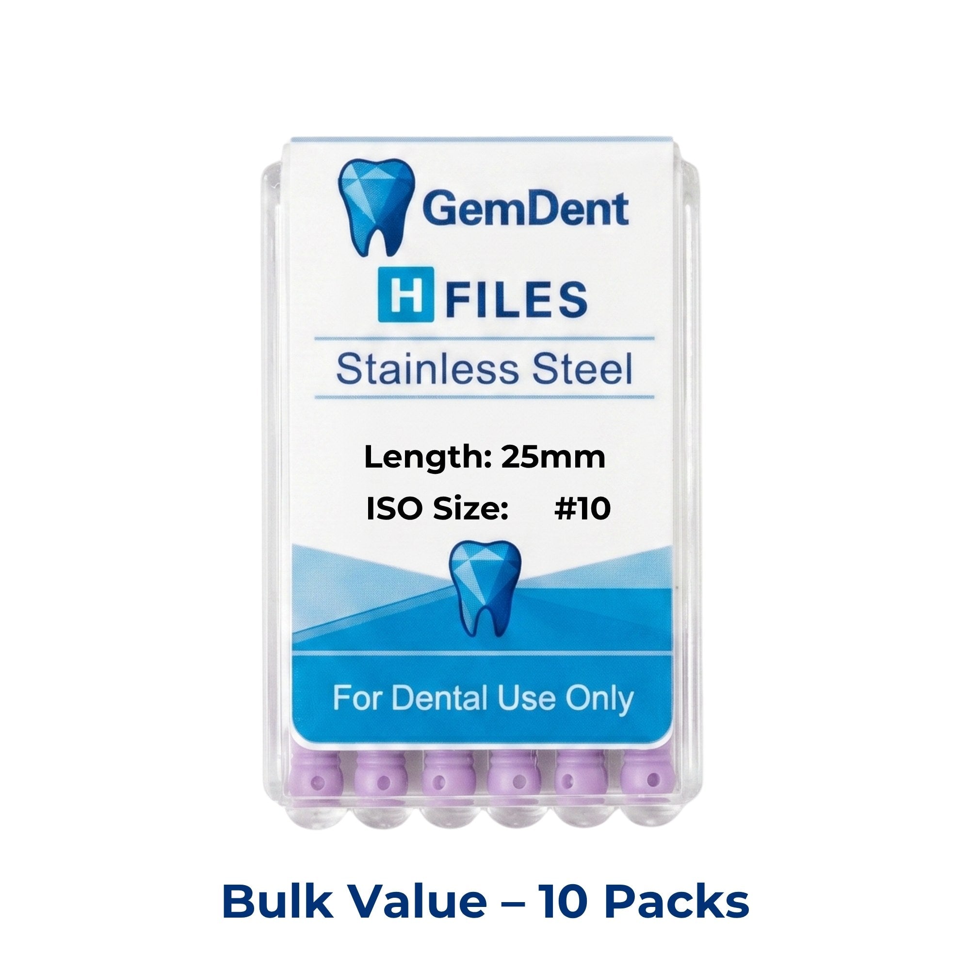 GemDent Stainless Steel H Files 25mm #10 10 Packs (60 Files)