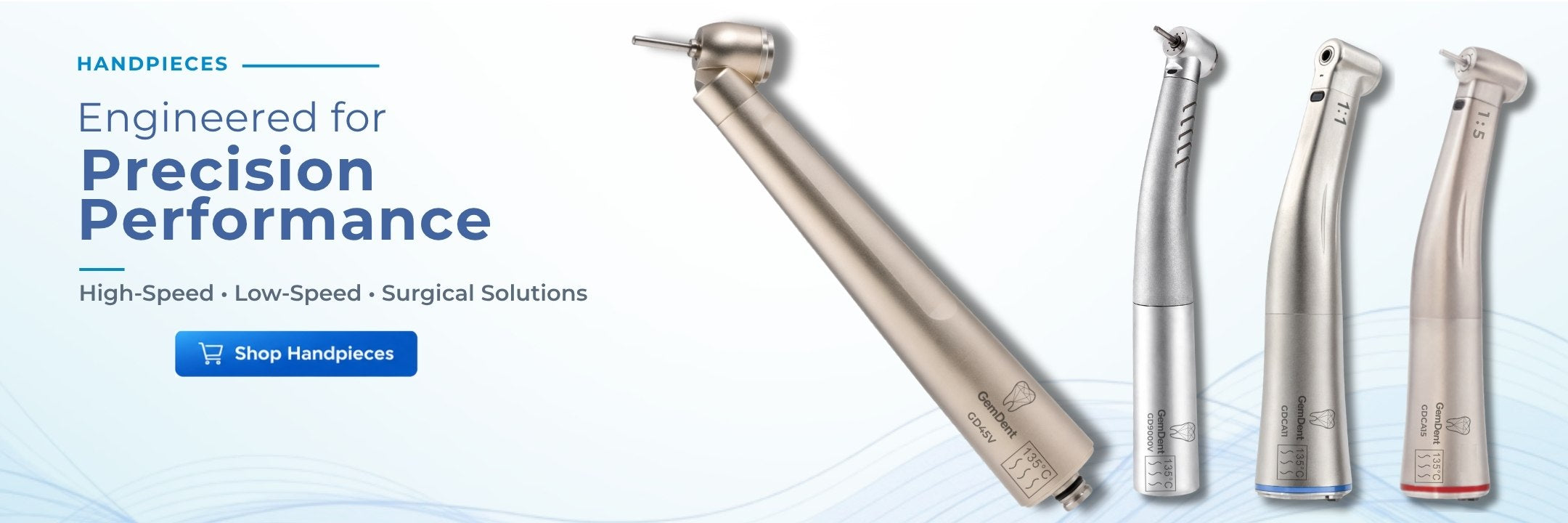 GemDent dental handpieces including high-speed, low-speed, and surgical handpieces
