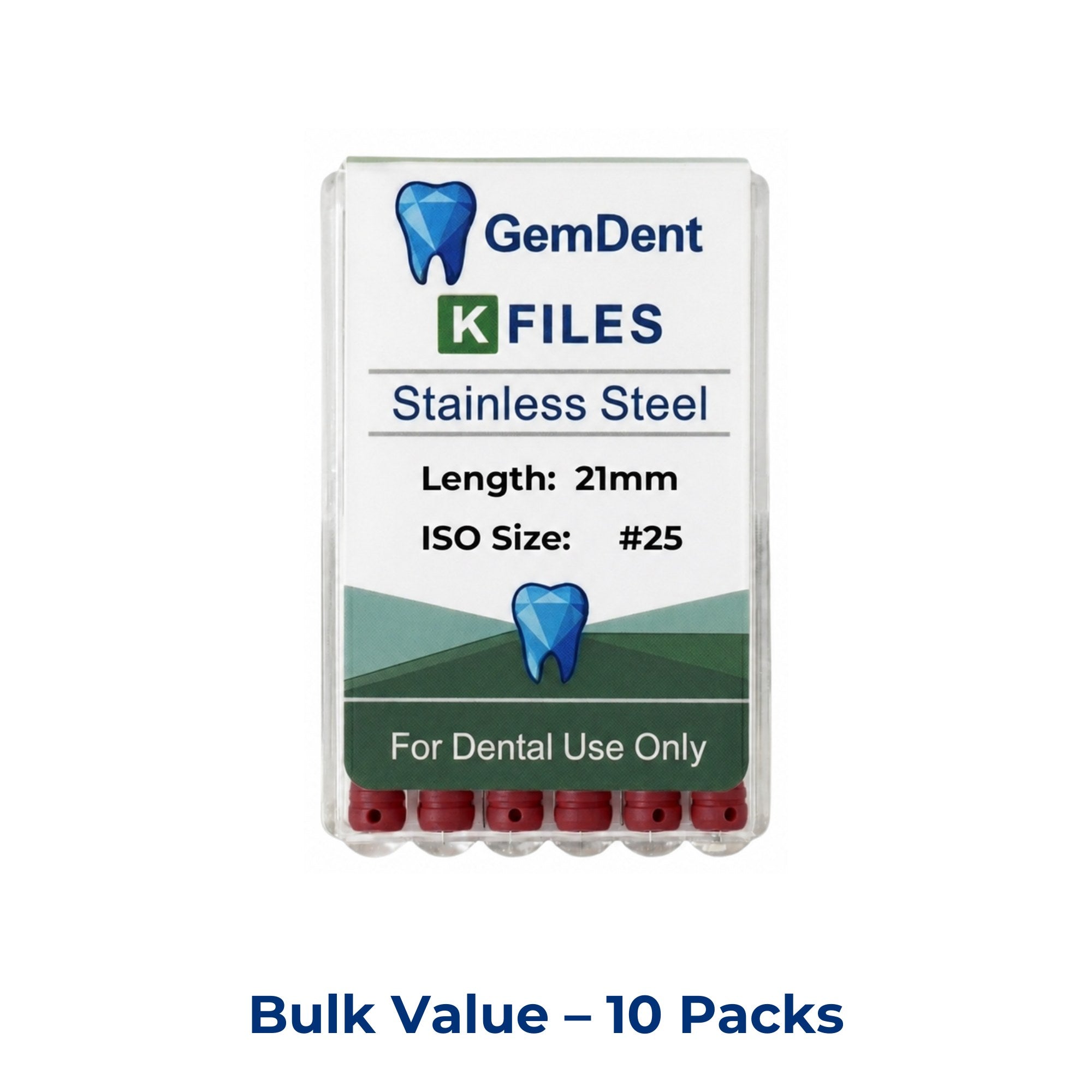 GemDent Stainless Steel K Files 21mm #25 10 Packs (60 Files)