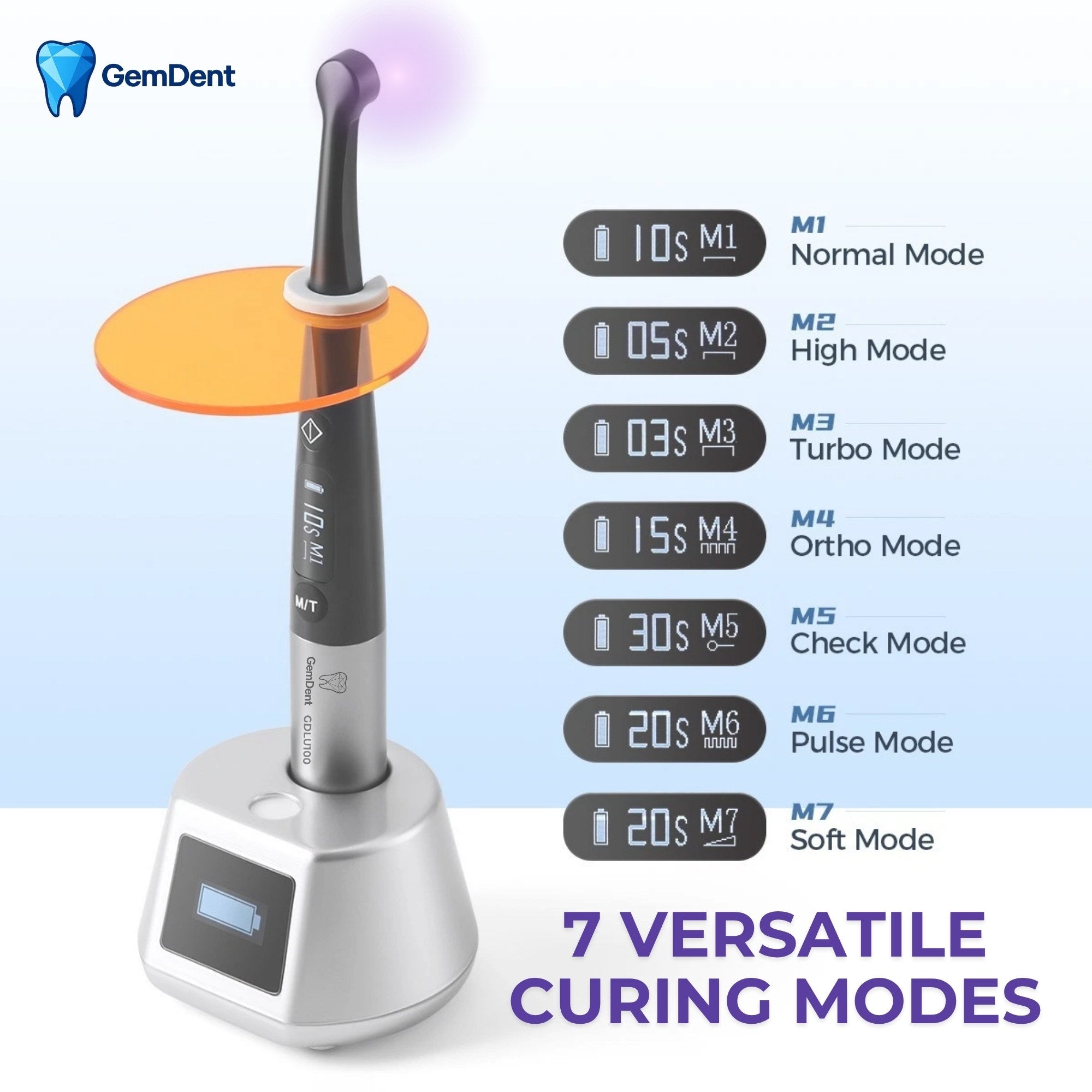 Dental LED curing light 7 modes normal high turbo ortho pulse soft check modes GemDent Luma GDLU100