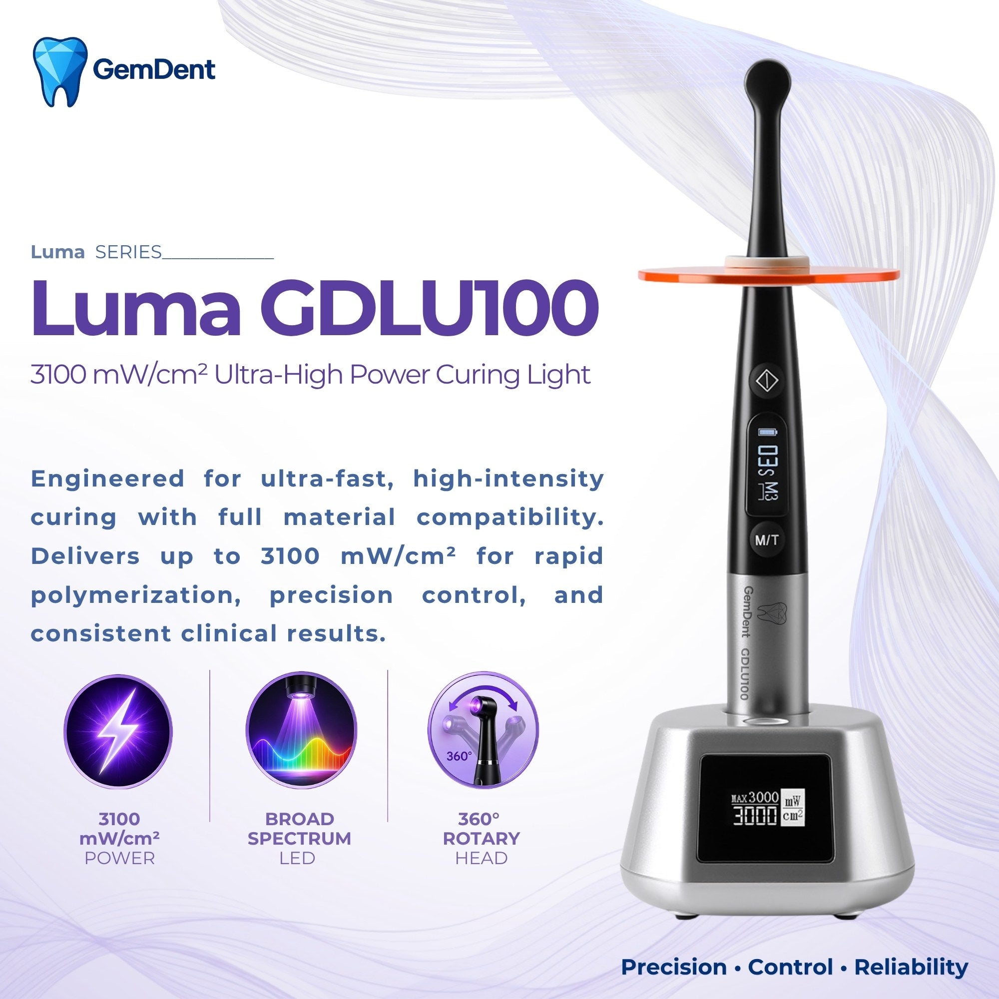 GemDent Luma GDLU100 LED Curing Light 3100 mW Dental Light with charging base and light meter offers Multiple Modes for Composite Curing