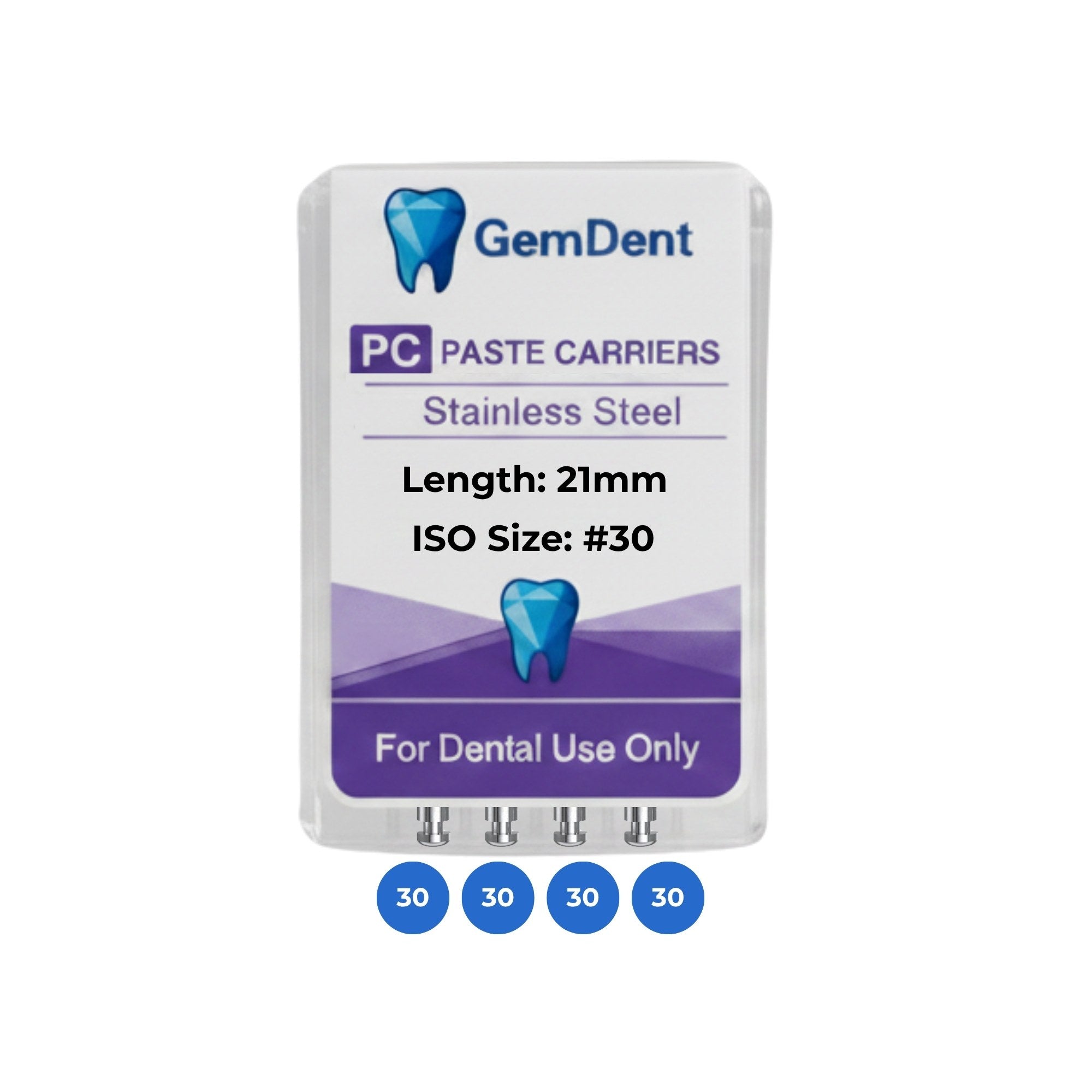 GemDent Stainless Steel Paste Carriers (Lentulo) 21mm #30 Pack of 4
