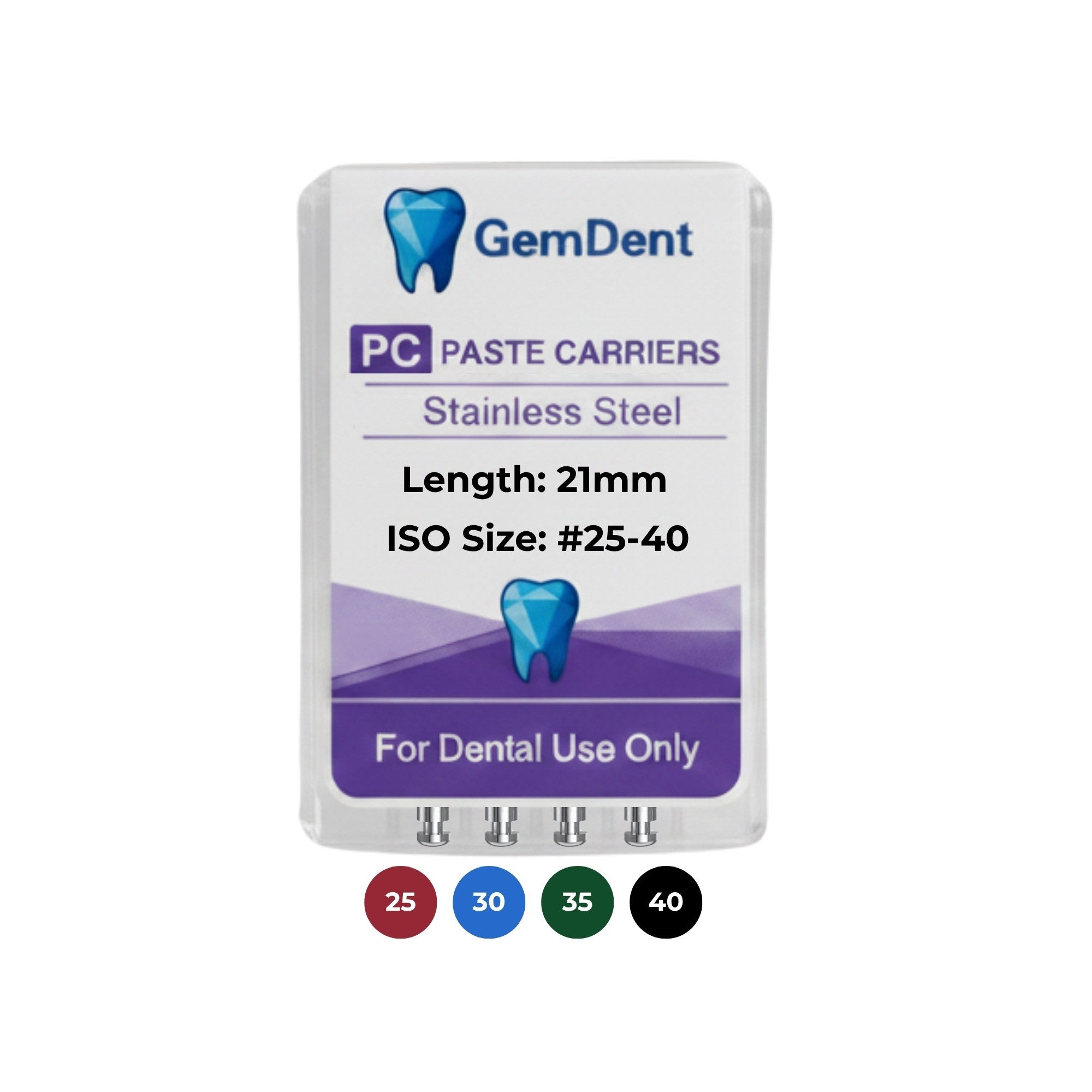 GemDent Stainless Steel Paste Carriers (Lentulo) 21mm #25–40 Assorted Pack of 4