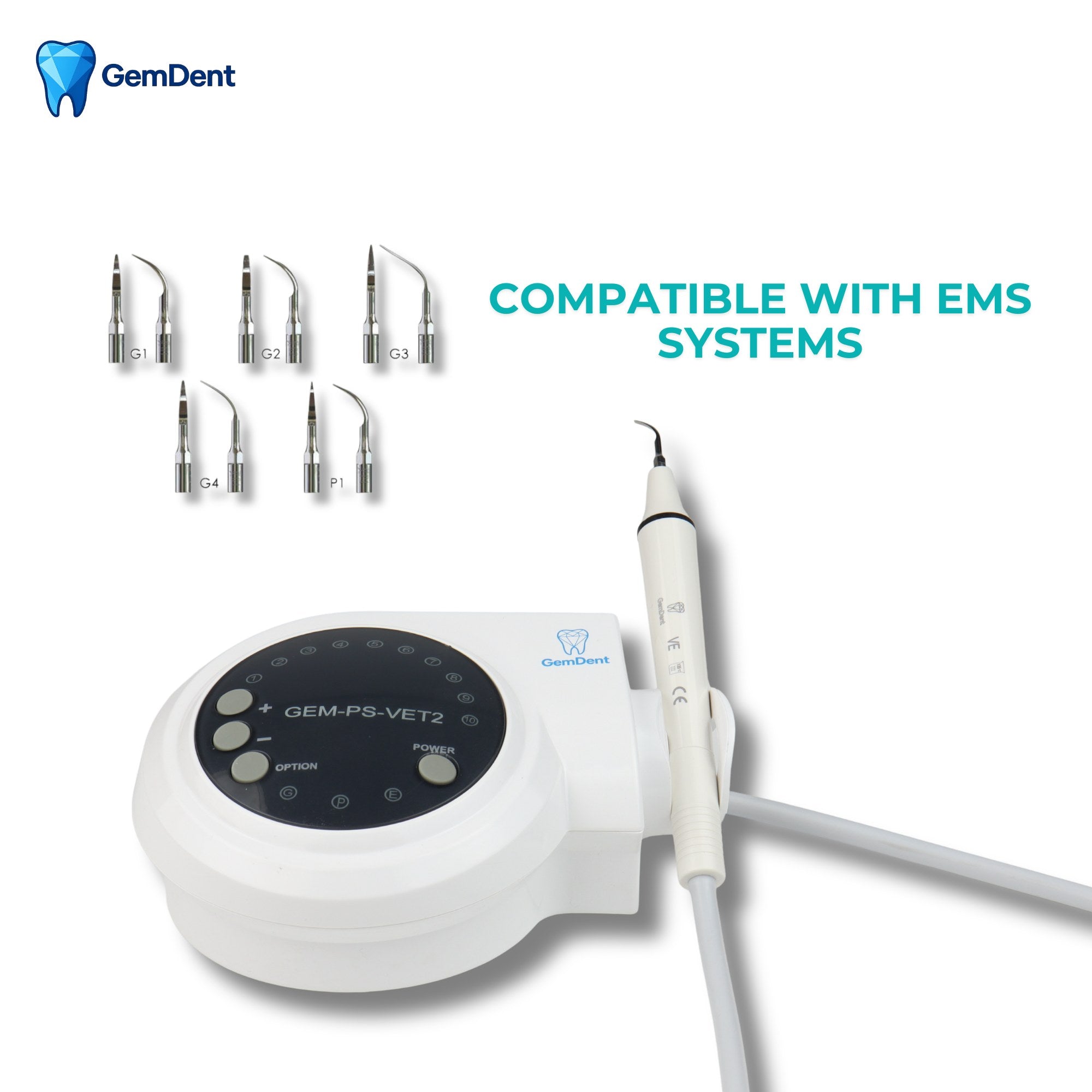 GemDent ultrasonic scaler compatible with EMS systems, includes multiple scaler tips for scaling and perio procedures
