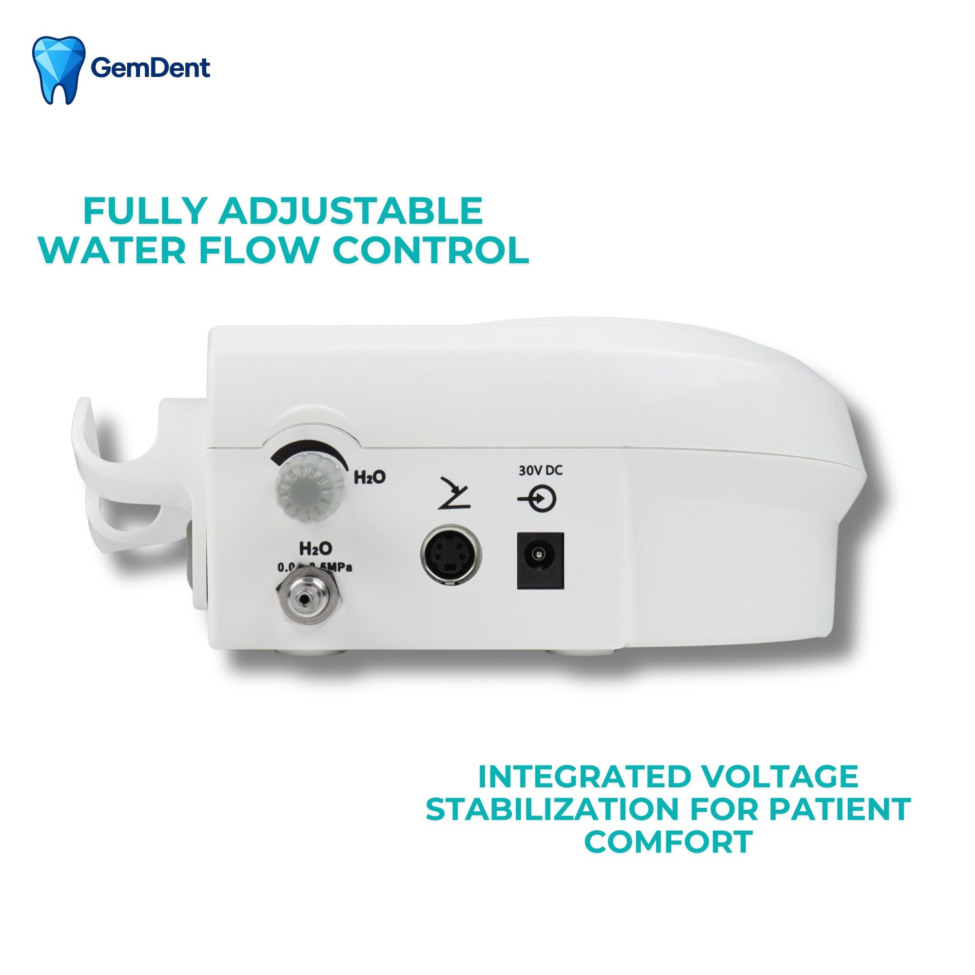 GemDent ultrasonic scaler external water flow control and rear connection ports for dental unit integration