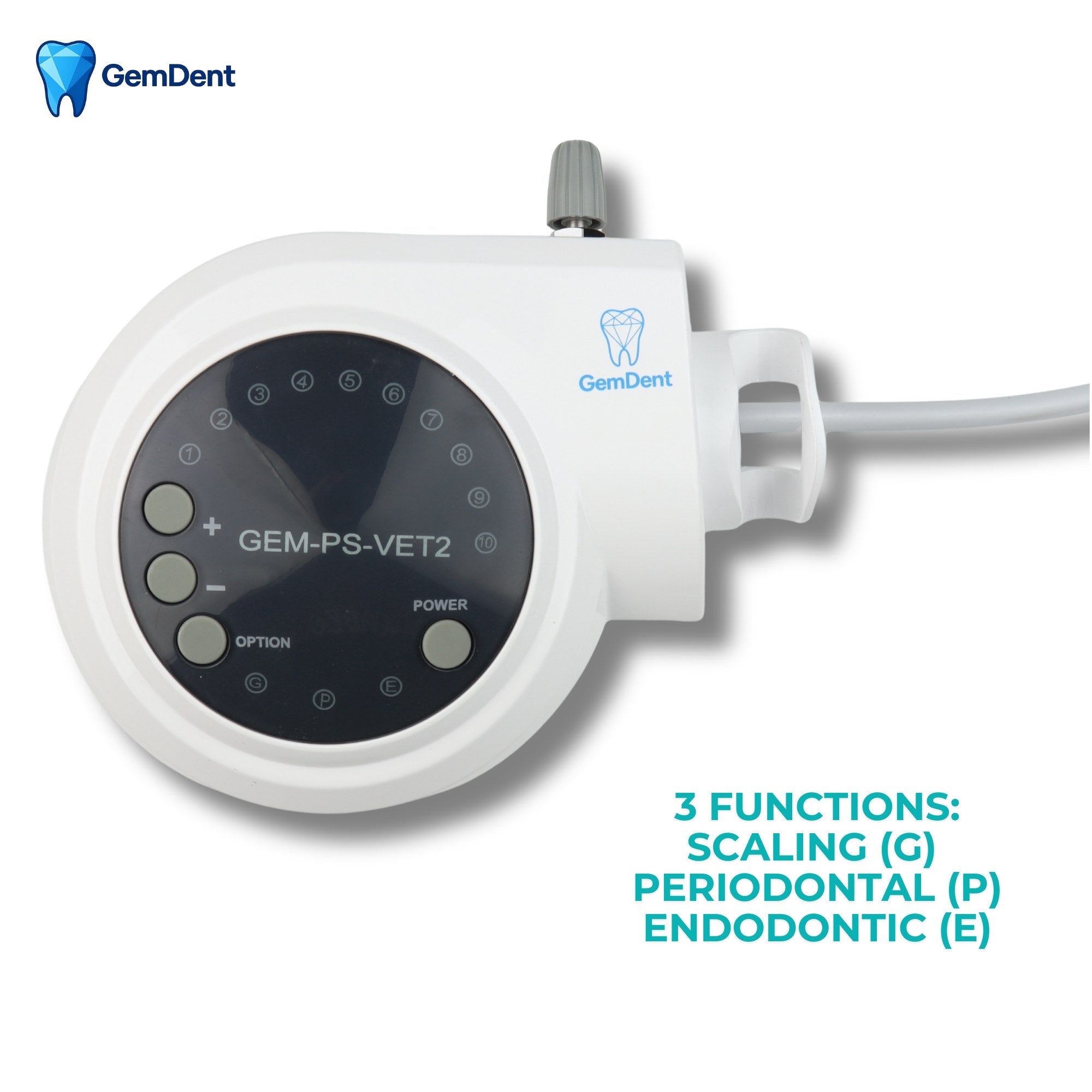 GemDent ultrasonic scaler showing scaling, periodontal, and endodontic functions (G P E modes)
