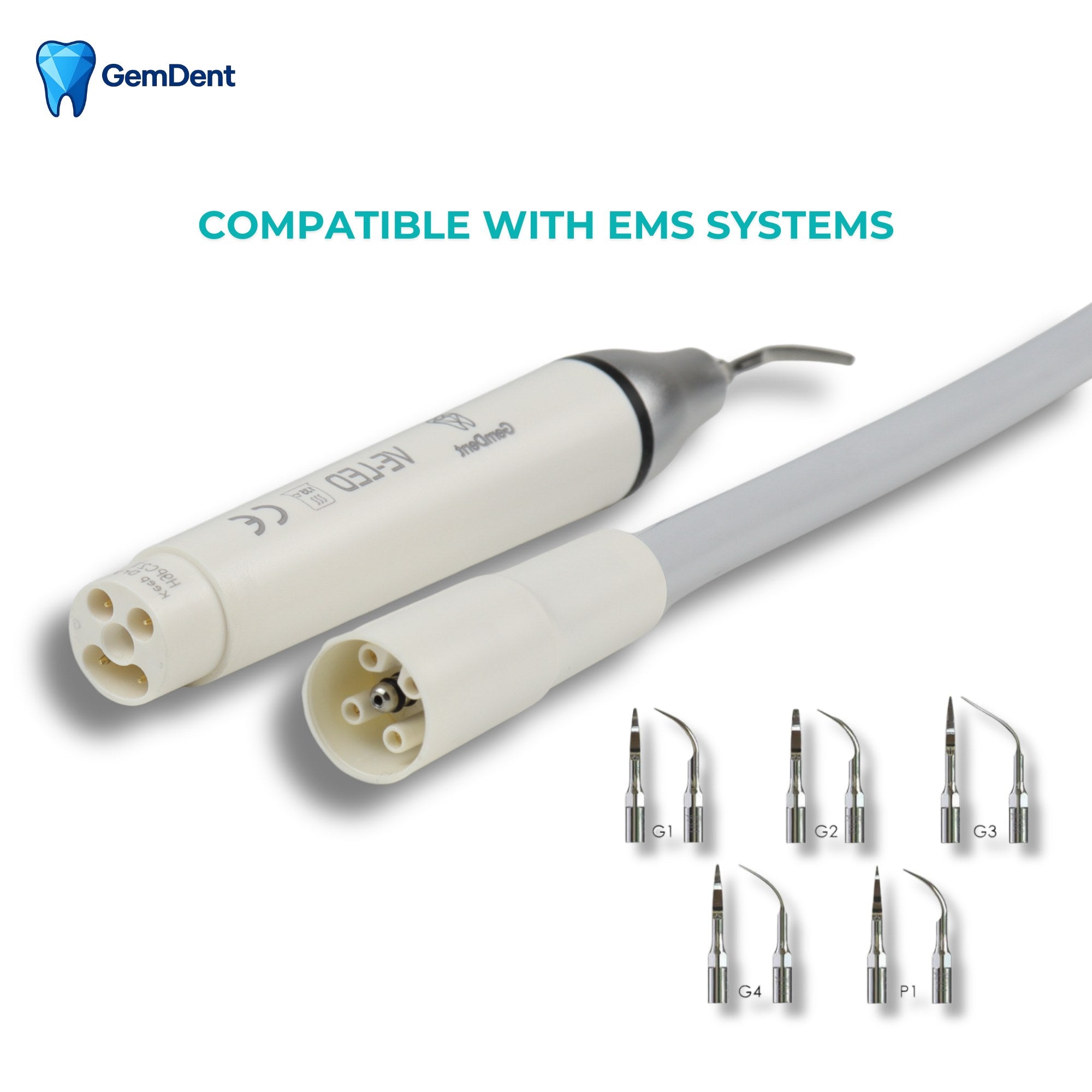 GemDent ultrasonic scaler handpiece and connector showing EMS compatibility with multiple scaler tips
