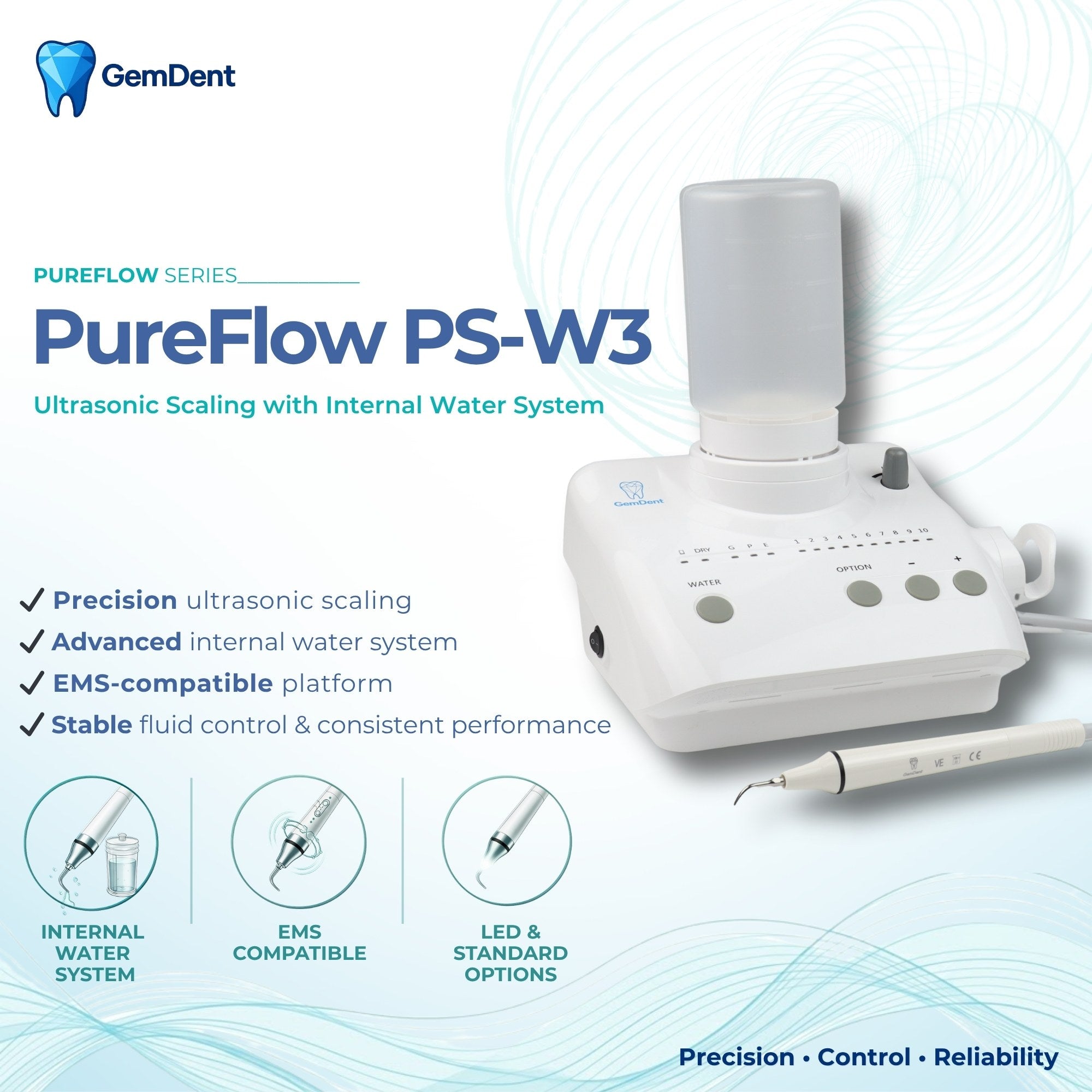 GemDent PureFlow PS-W3 Ultrasonic Scaler with Internal Water System for Dental Scaling