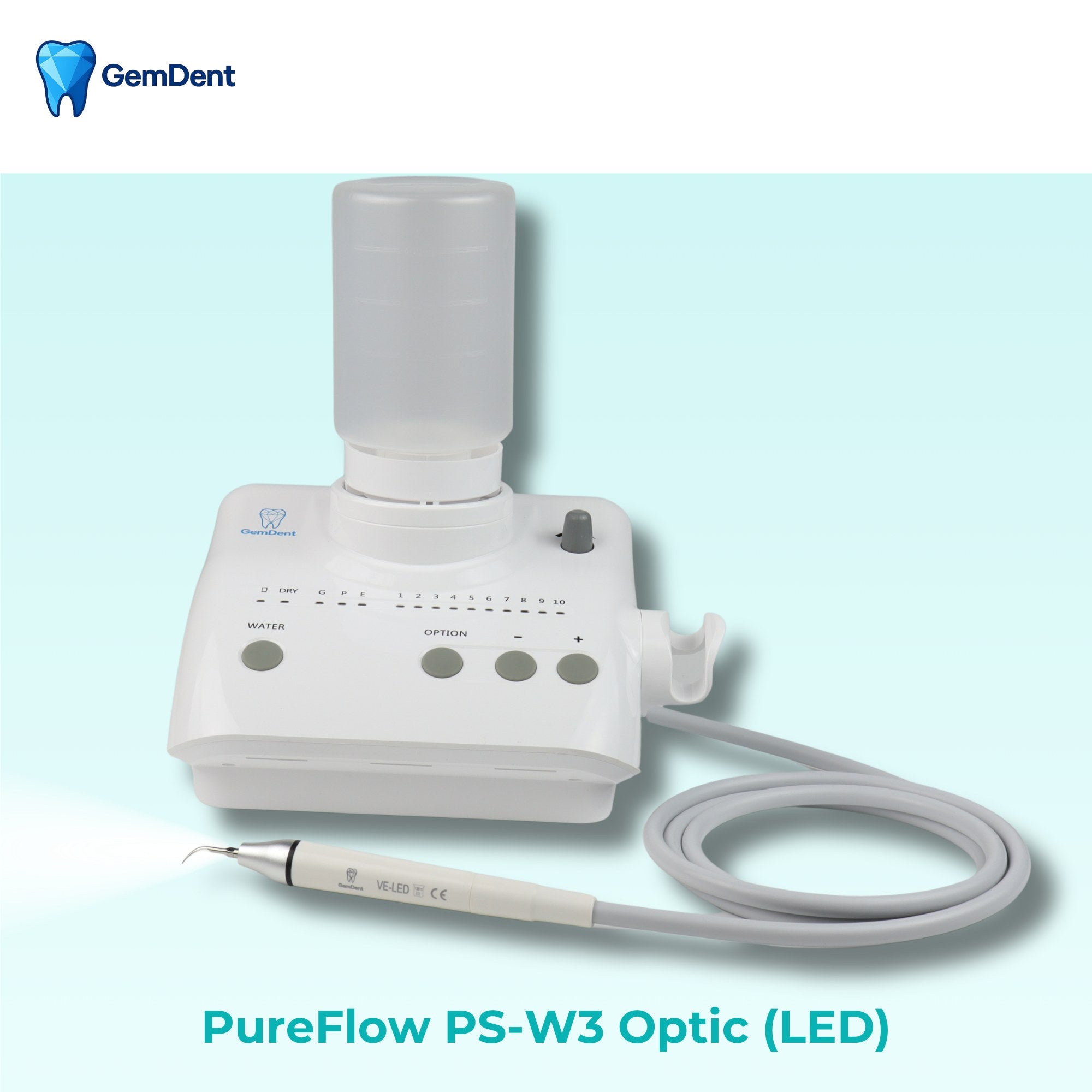 GemDent PureFlow PS-W3 ultrasonic scaler LED optic version with illuminated handpiece