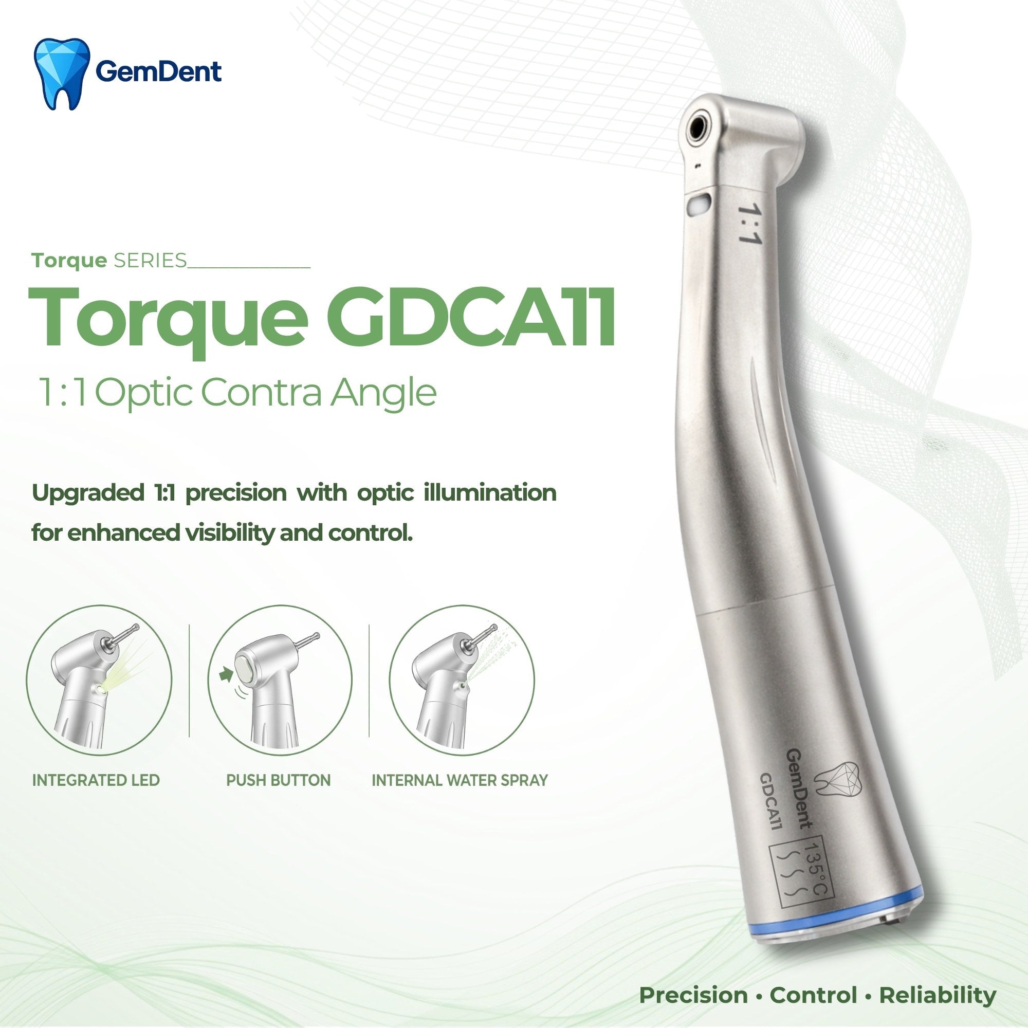 GemDent Torque GDCA11 1:1 Optic Contra Angle Handpiece with LED and Internal Water Spray