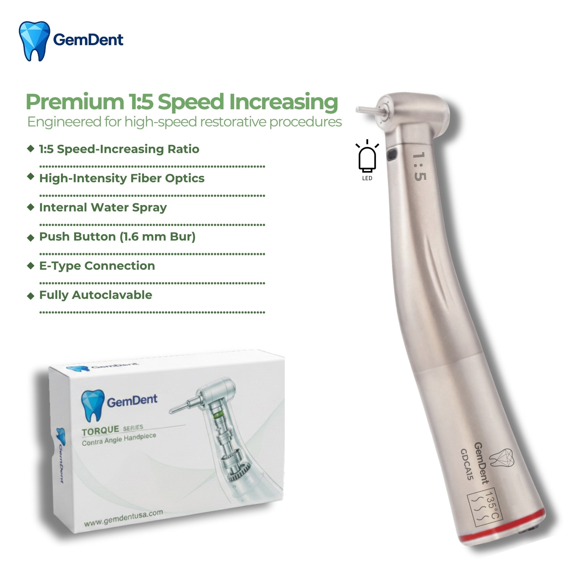 GemDent Torque 1 to 5 speed increasing contra angle handpiece with fiber optic light and internal water spray