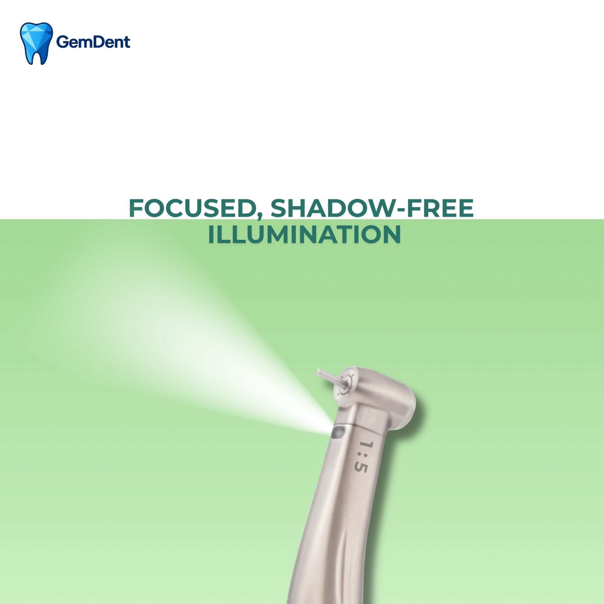 GemDent fiber optic speed increasing contra angle handpiece with shadow free illumination for enhanced visibility