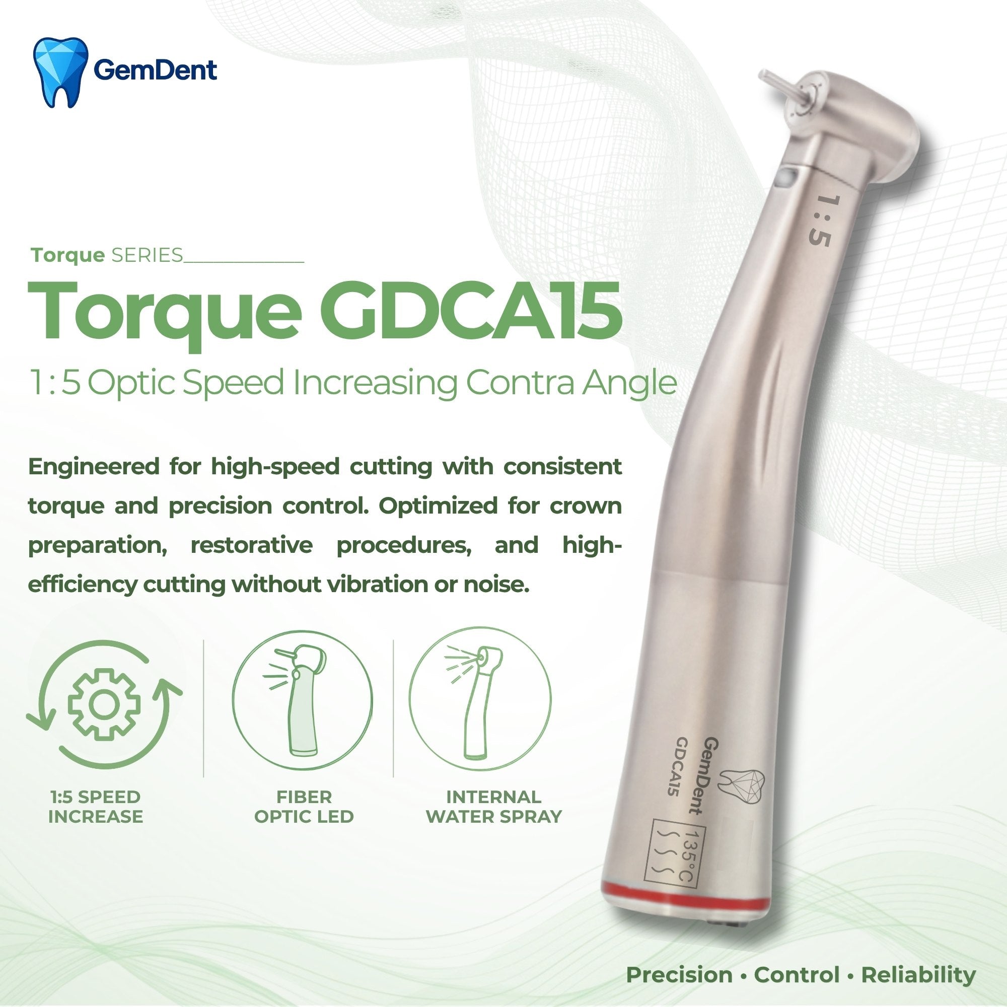 GemDent Torque GDCA15 1:5 Optic Speed Increasing Contra Angle Handpiece with LED and Internal Spray