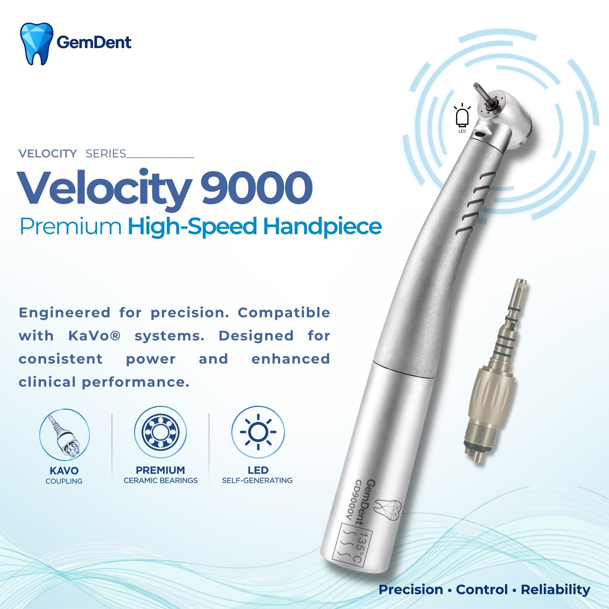 GemDent Velocity 9000 LED High-Speed Dental Handpiece KaVo Compatible No Fiber Optic Required