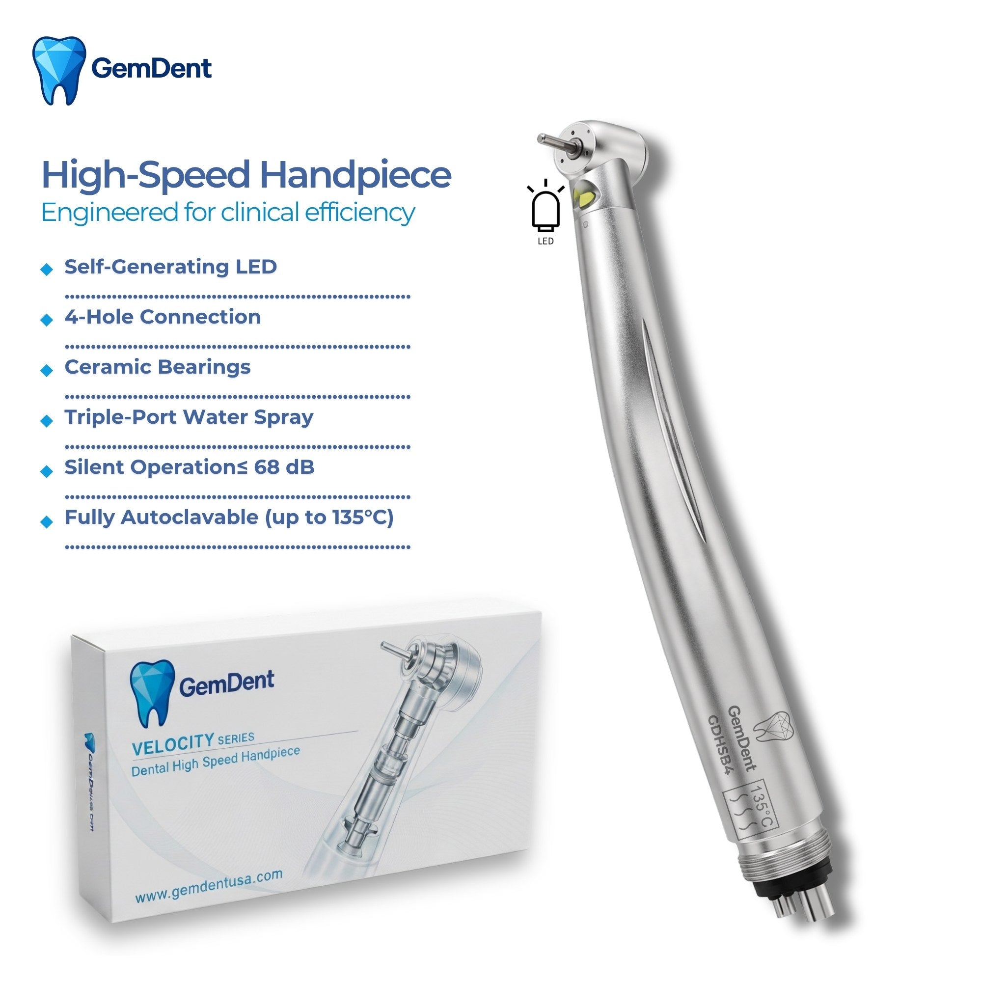 GemDent Velocity Essential LED High-Speed Dental Handpiece 4-Hole Self-Generating with box and features