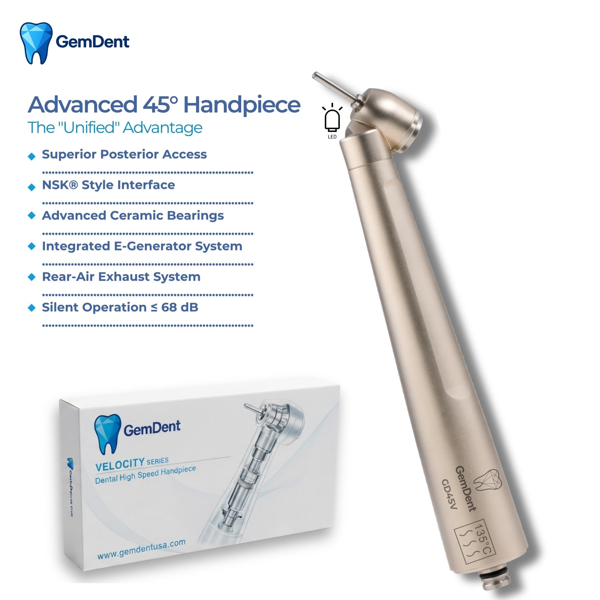 GemDent Velocity M3 NSK 45 degree surgical dental handpiece with LED generator and feature overview