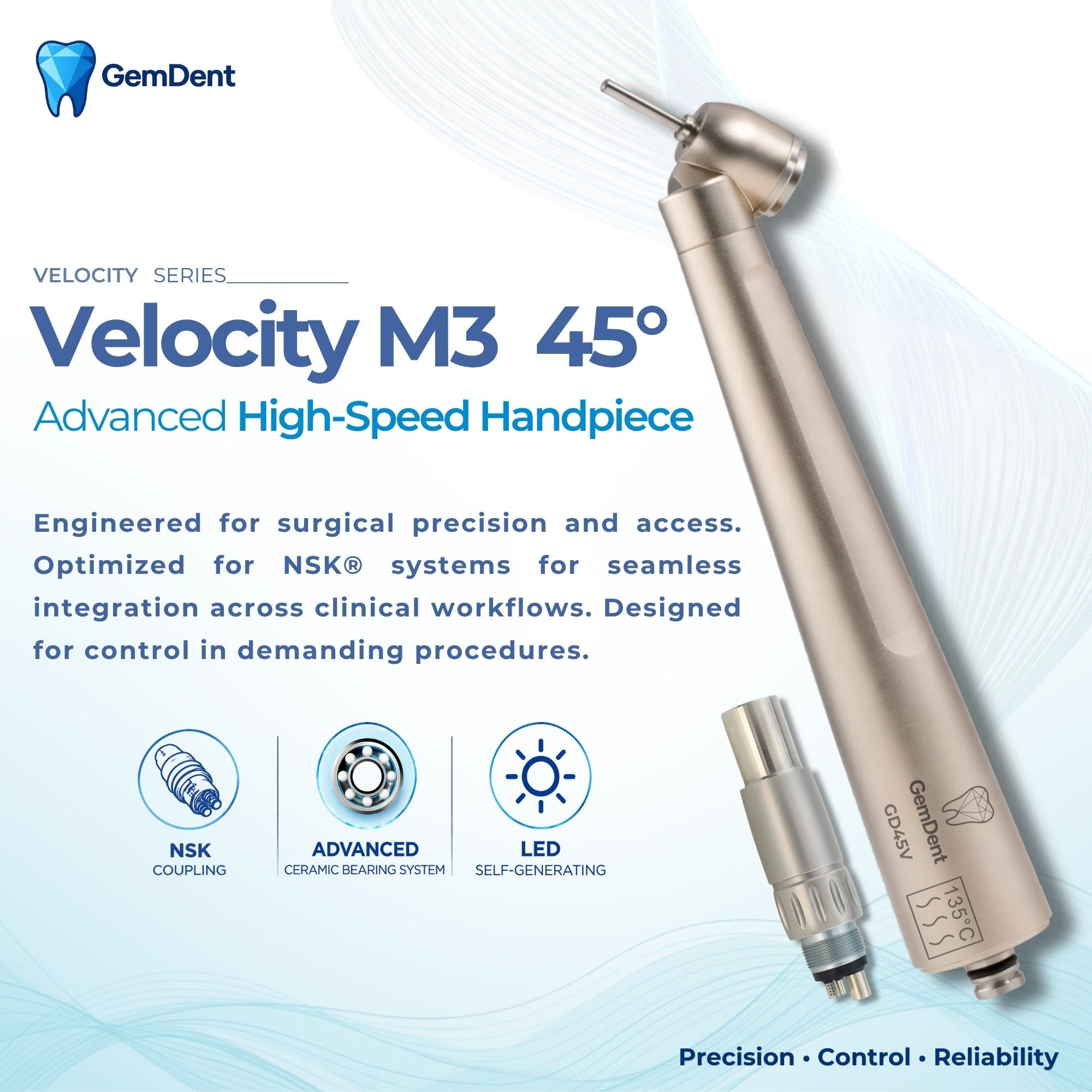 GemDent Velocity M3 45 Degree Surgical High-Speed Dental Handpiece for Oral Surgery