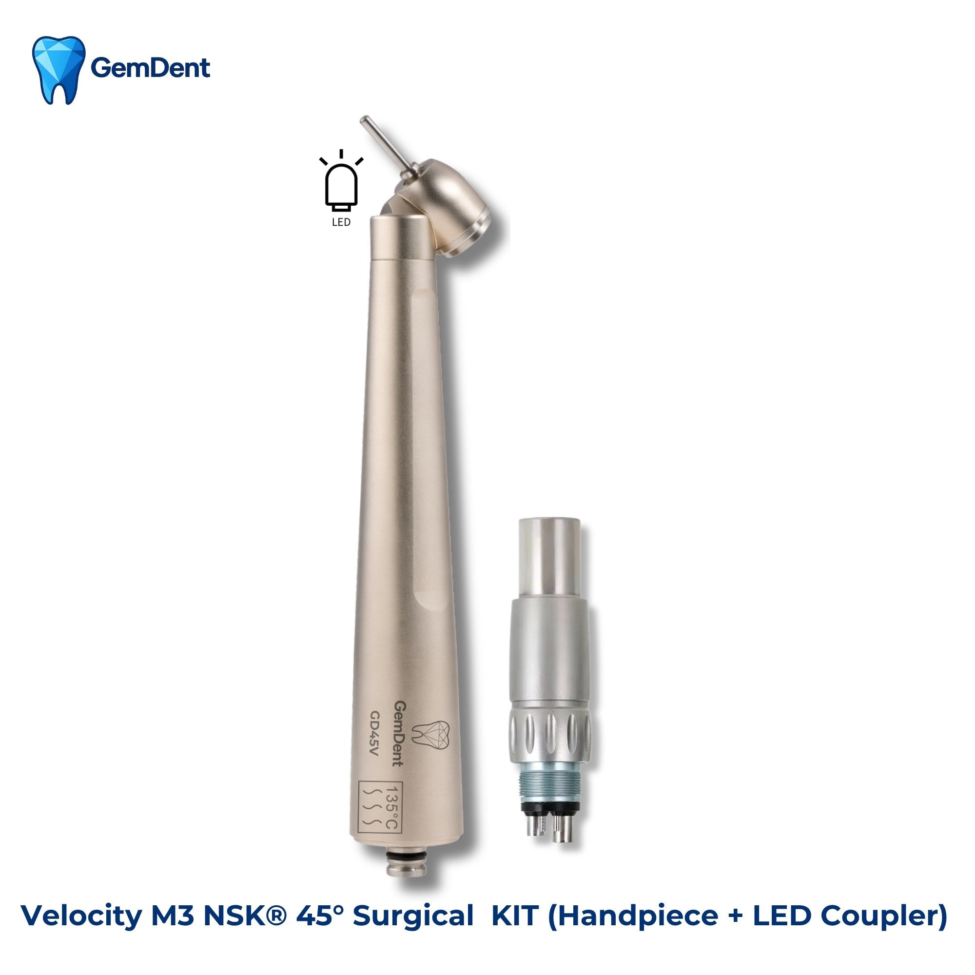 GemDent Velocity M3 NSK 45 degree surgical dental handpiece kit with LED E-generator coupler