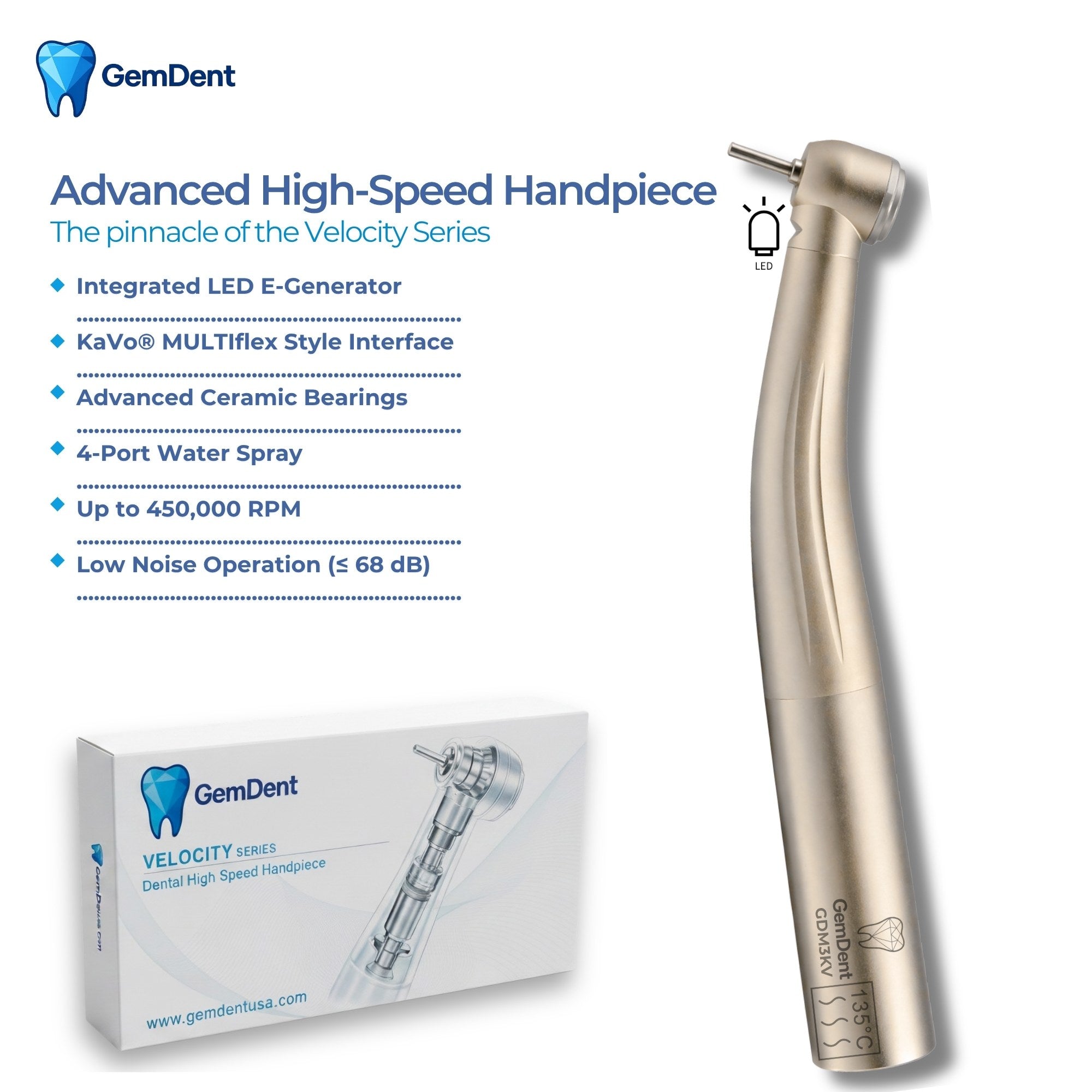 GemDent Velocity M3 high speed dental handpiece with LED e-generator KaVo style multiflex interface ceramic bearings