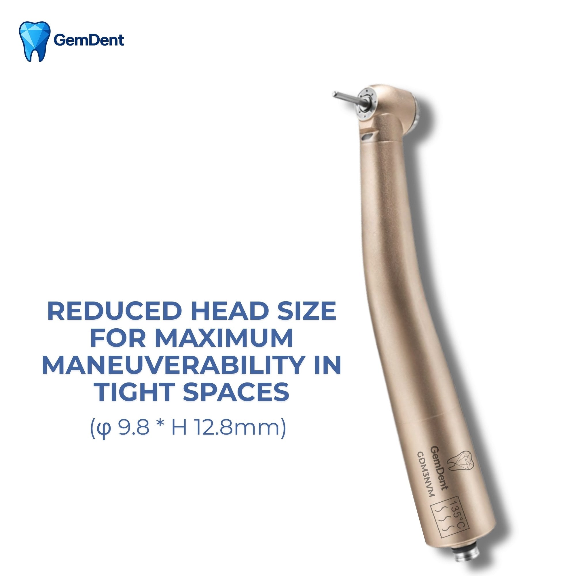 GemDent Velocity M3 mini head handpiece compact head size for improved maneuverability in tight spaces