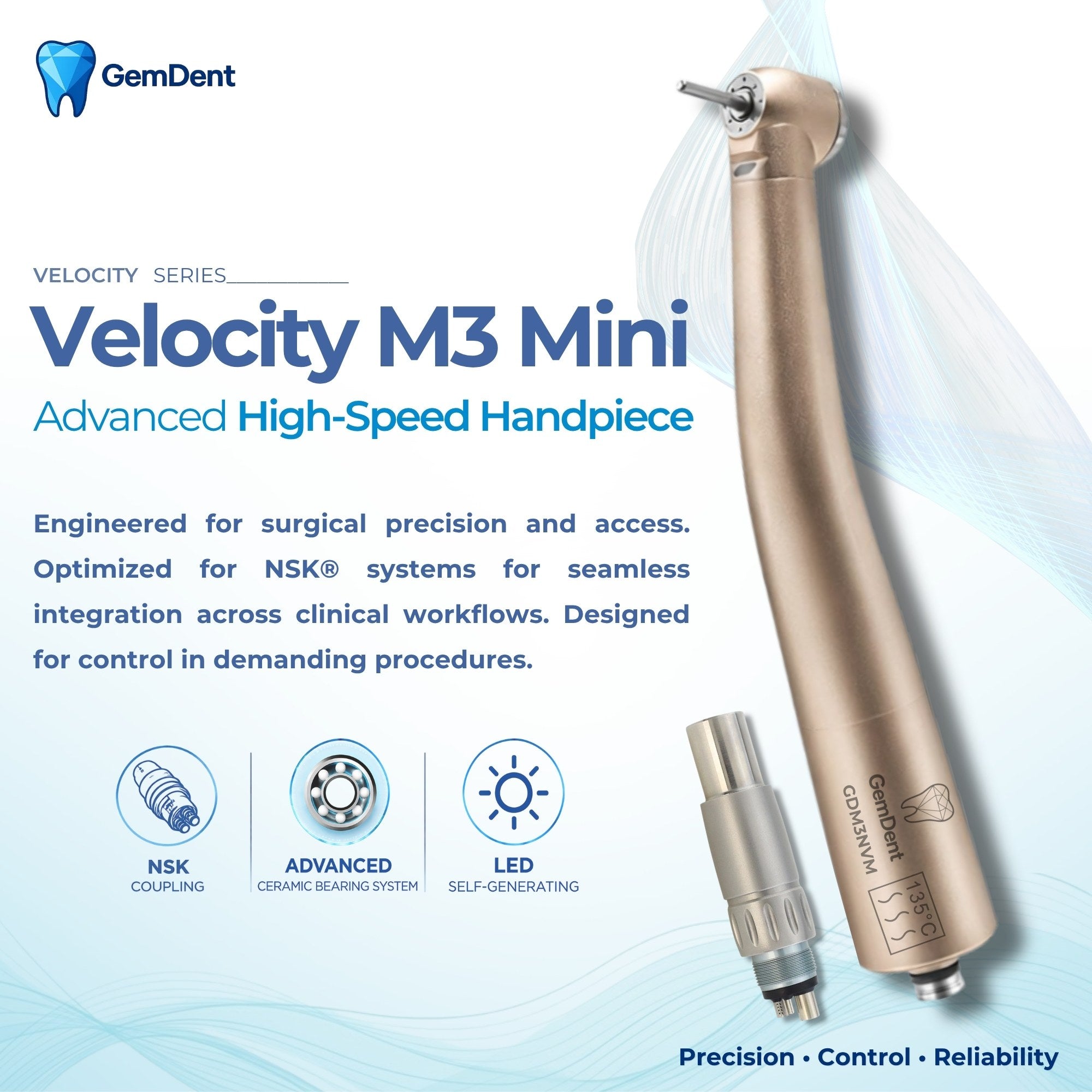GemDent Velocity M3 Mini LED High-Speed Dental Handpiece Compact Head for Precision Access