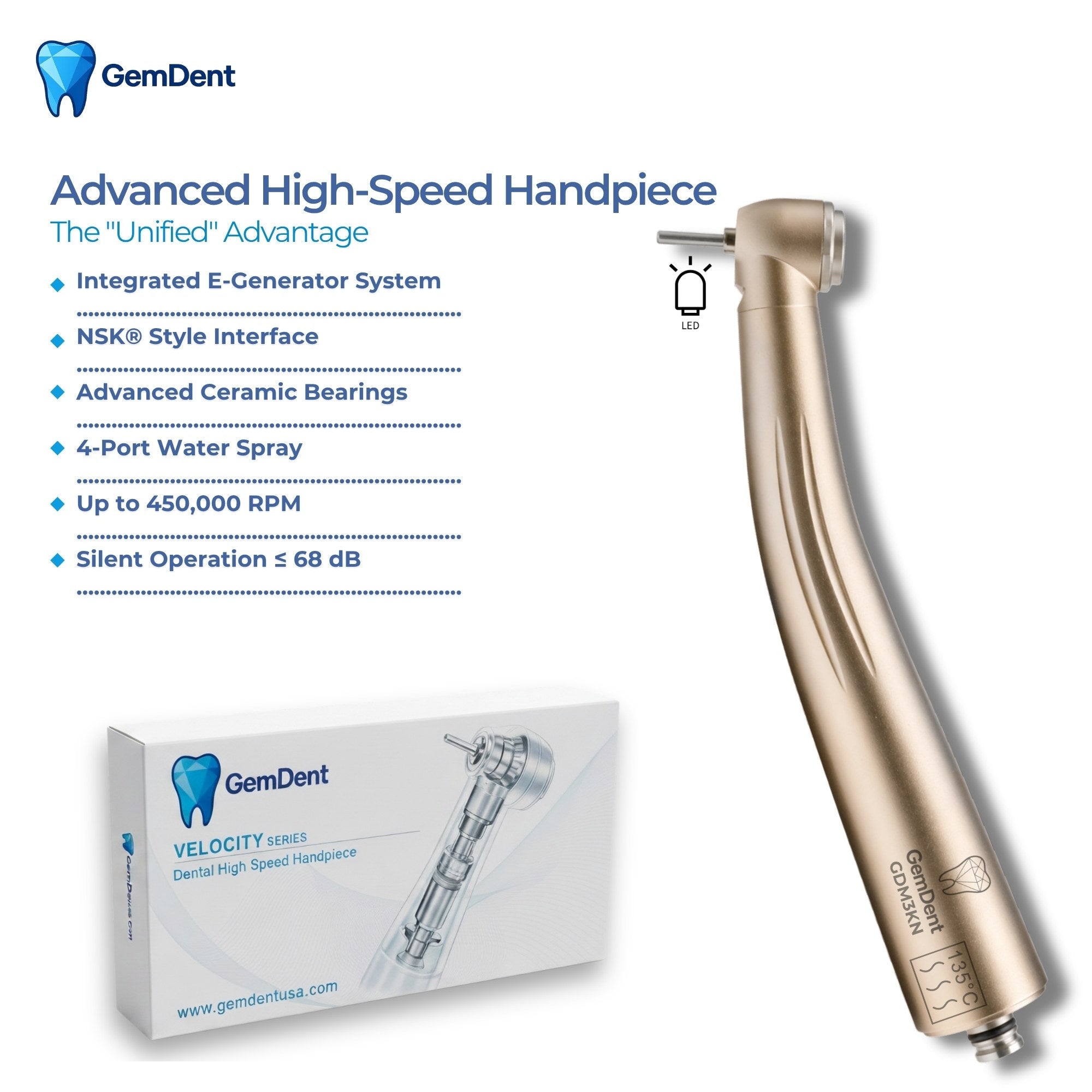 GemDent Velocity M3 NSK LED high-speed dental handpiece with e-generator, ceramic bearings and 4-port water spray