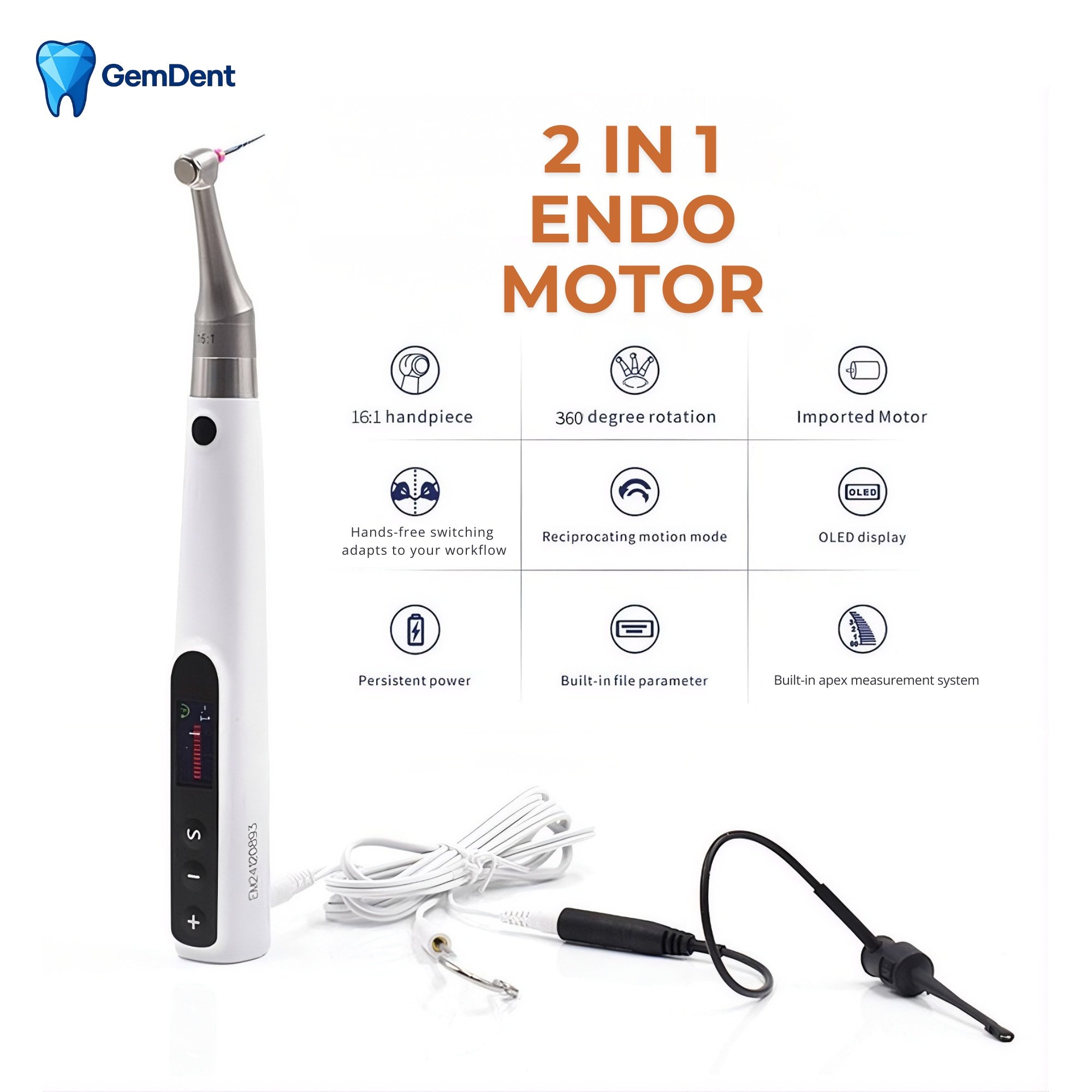 Endodontic motor features 16:1 handpiece reciprocating mode OLED display apex locator system