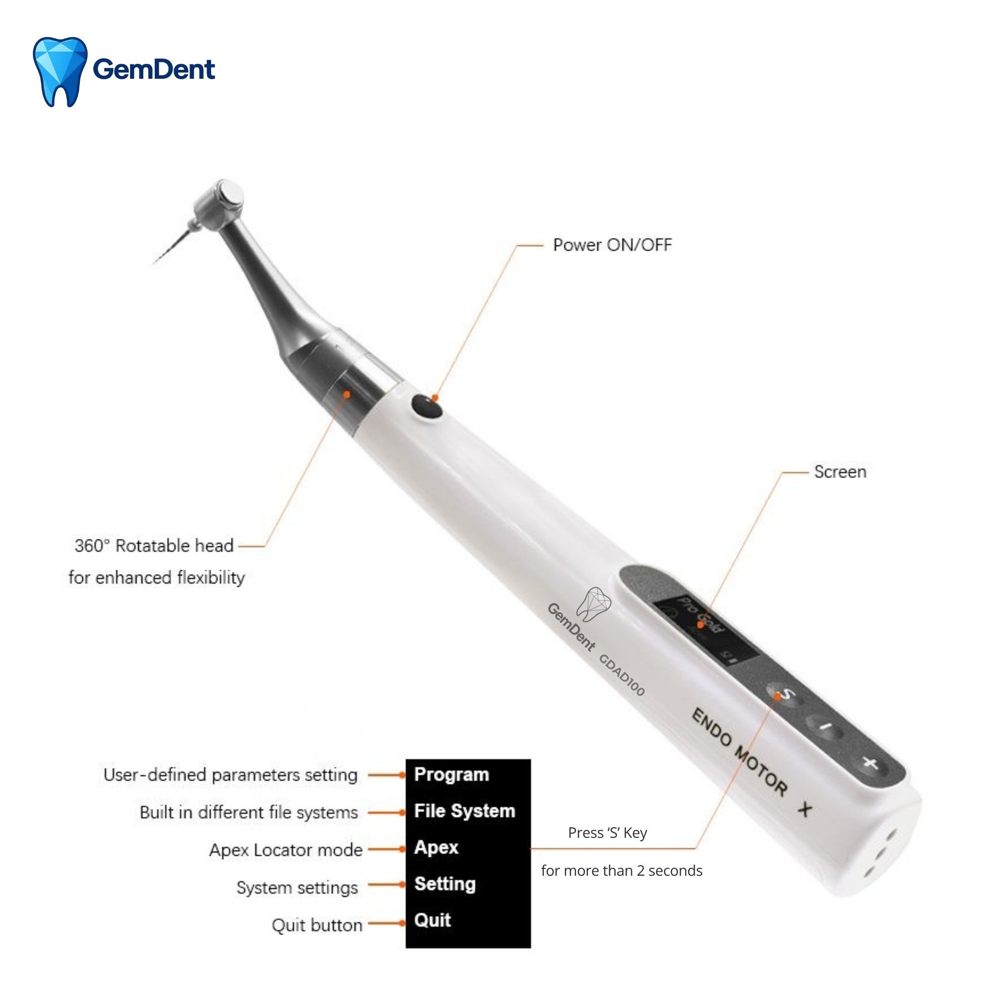 Cordless endodontic motor controls showing power button screen and programmable settings