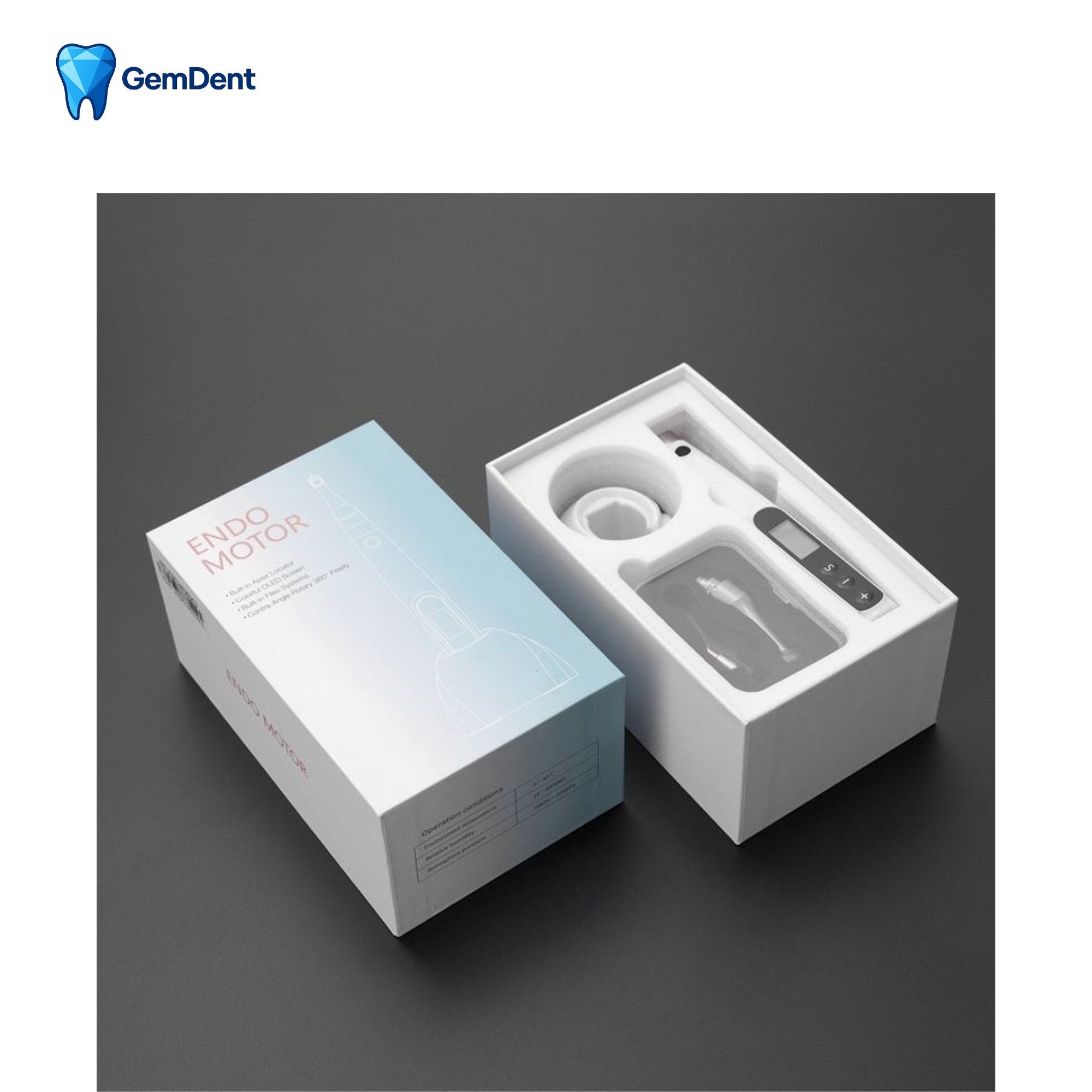 GemDent ApexDrive endo motor packaging box and internal tray presentation