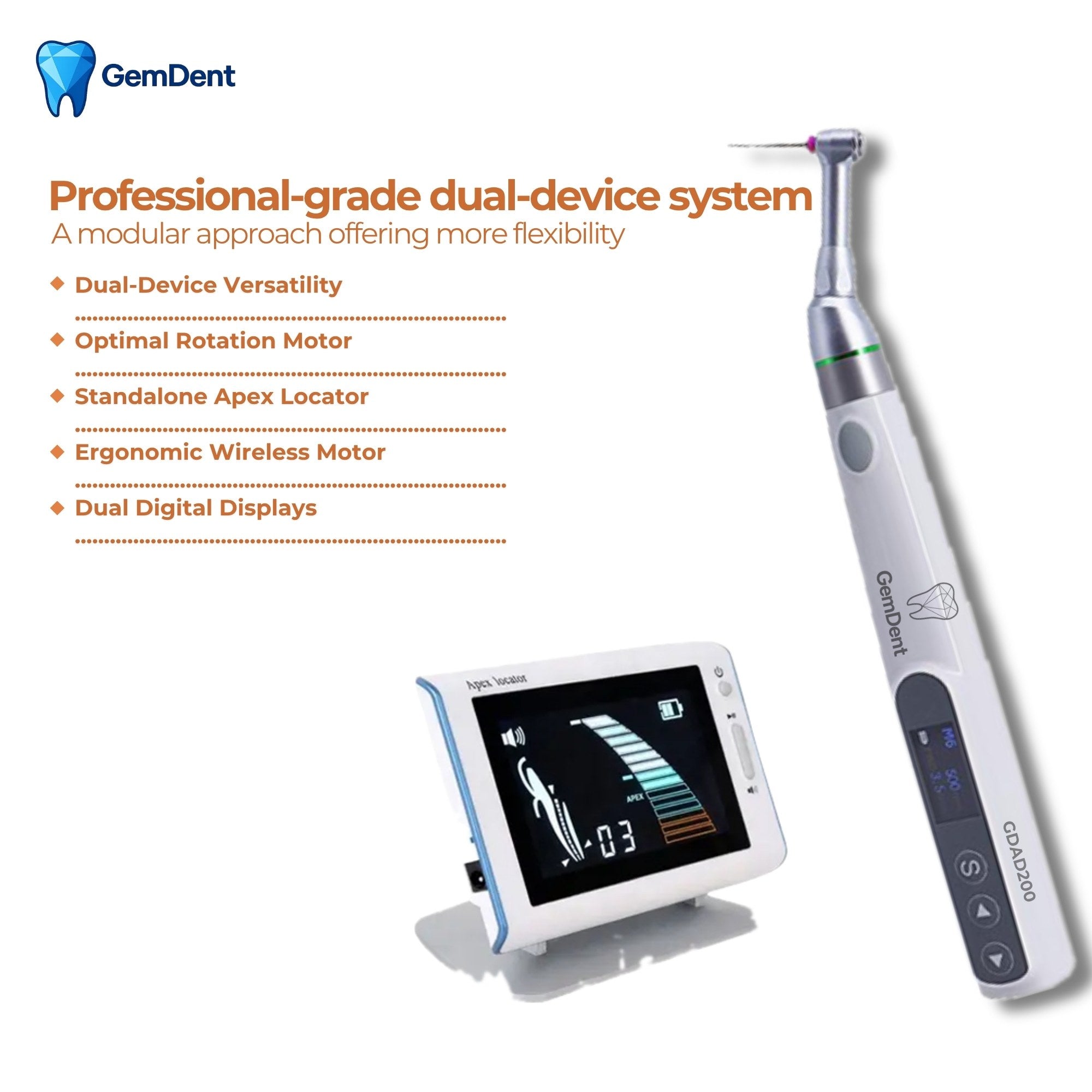 GemDent ApexDrive GDAD200 dual device endodontic system with wireless motor and standalone apex locator