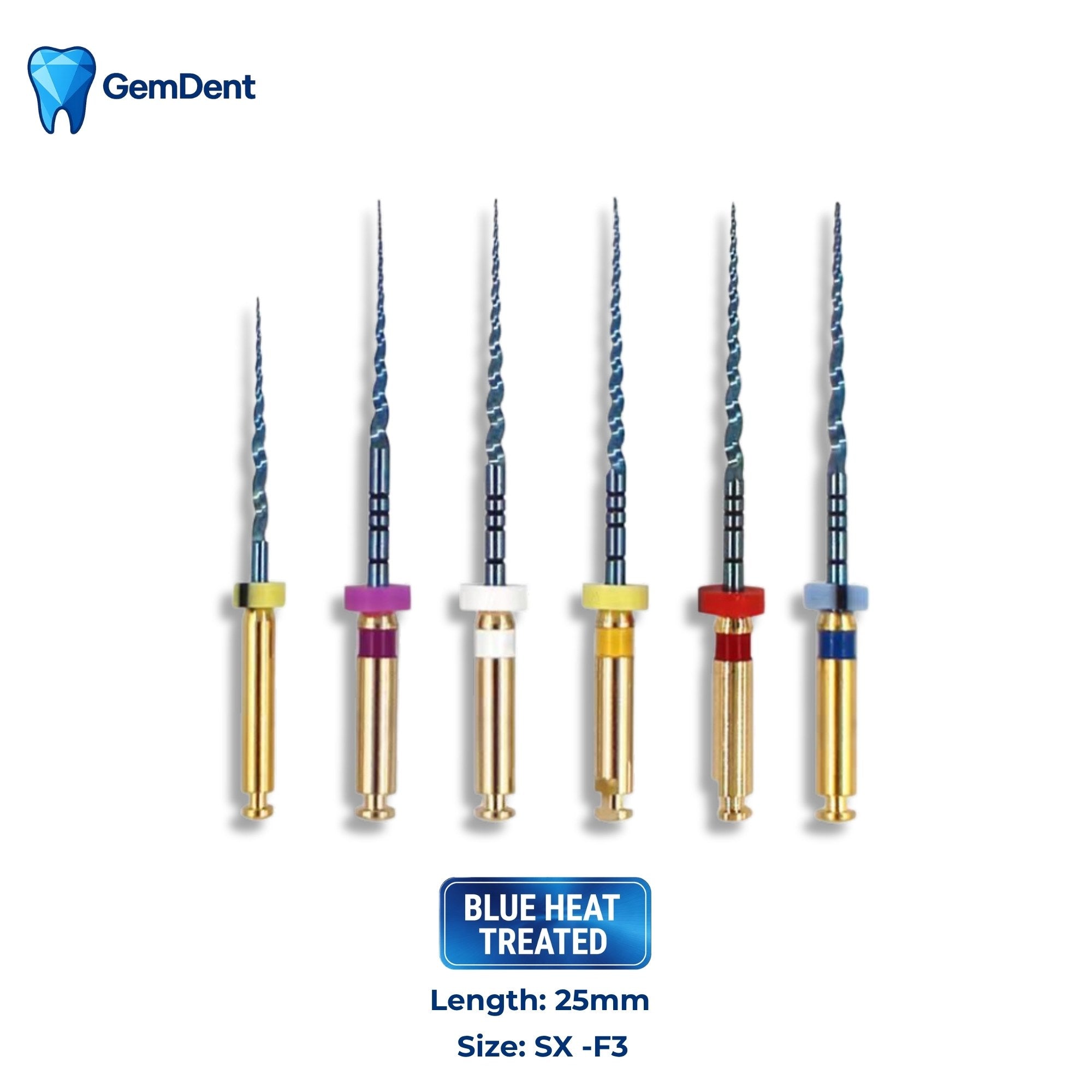 GemDent ApexDrive NiTi Blue Rotary Files 25mm SX–F3 Assorted (6 Files)