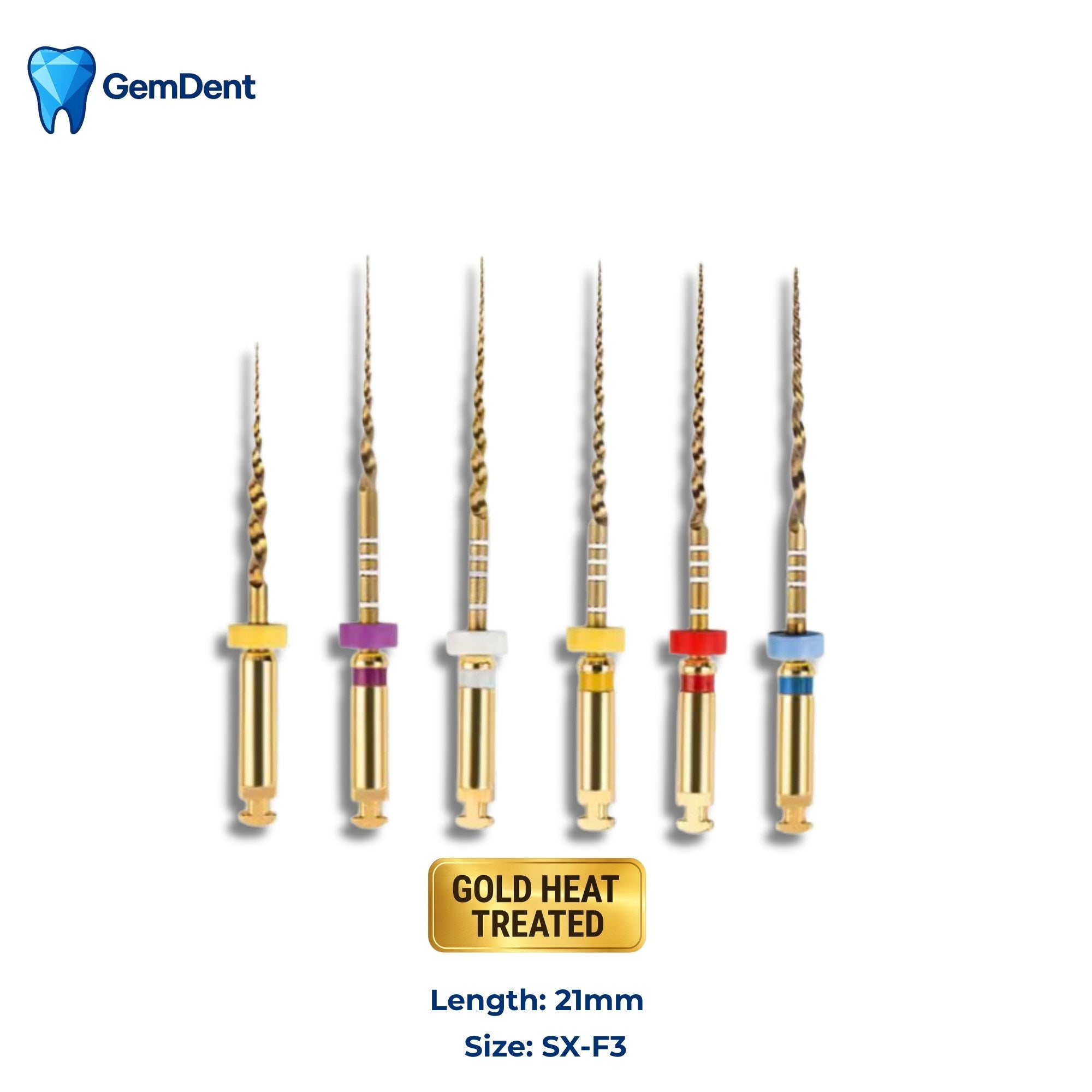 GemDent ApexDrive NiTi Gold Rotary Files 21mm SX–F3 Assorted (6 Files)