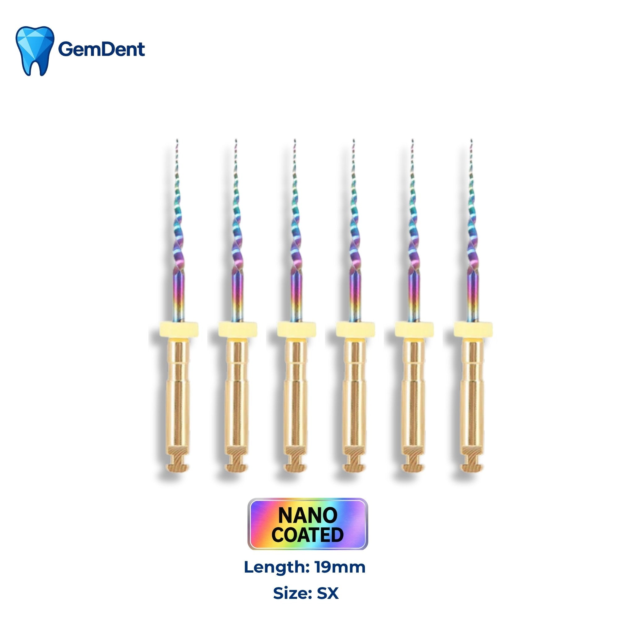 GemDent ApexDrive NiTi Rainbow Rotary Files (Nano Coated) 19mm SX (6 Files)