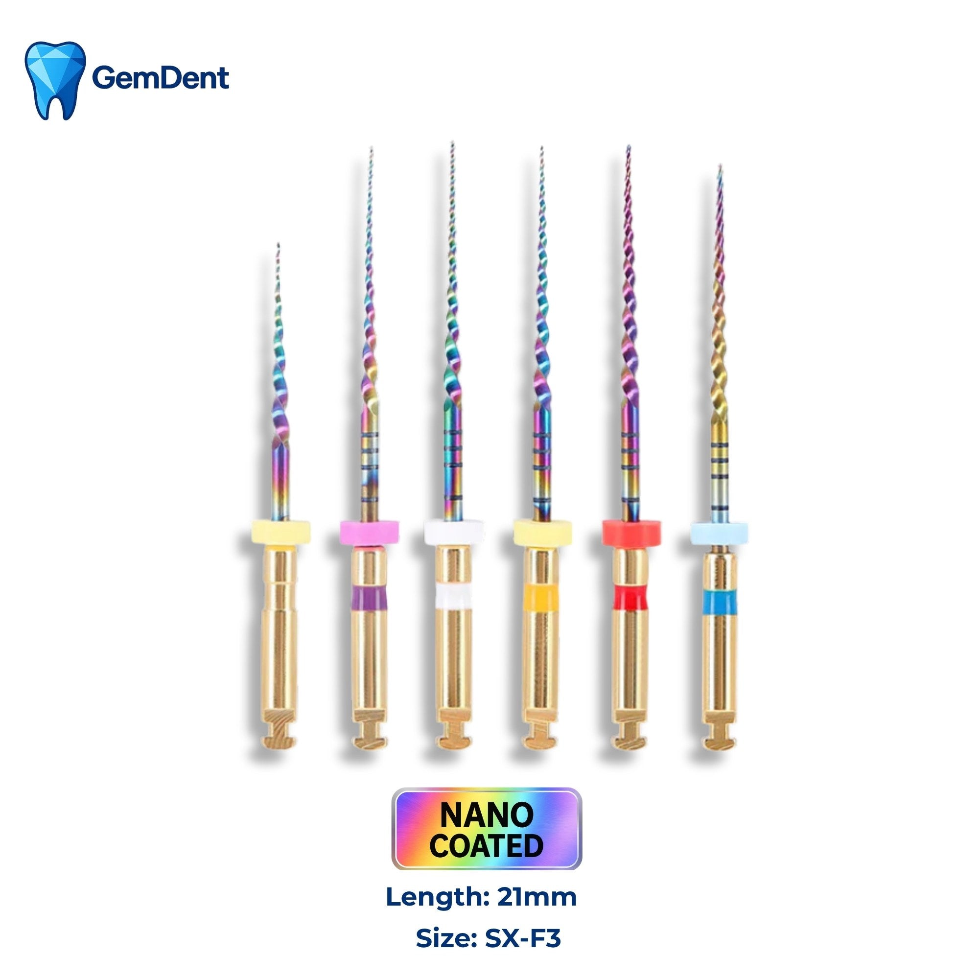 GemDent ApexDrive NiTi Rainbow Rotary Files (Nano Coated) 21mm SX–F3 Assorted (6 Files)