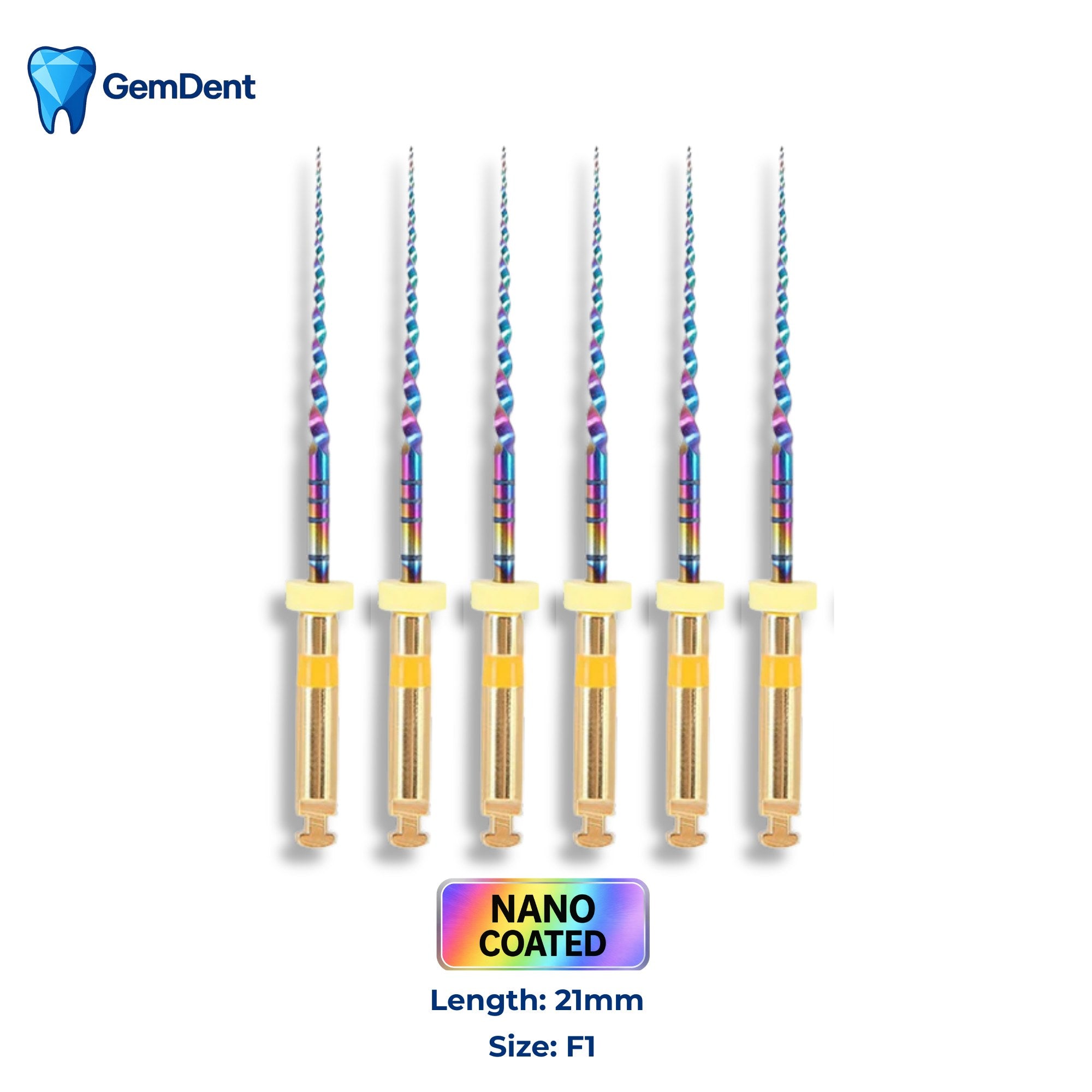 GemDent ApexDrive NiTi Rainbow Rotary Files (Nano Coated) 21mm F1 (6 Files)