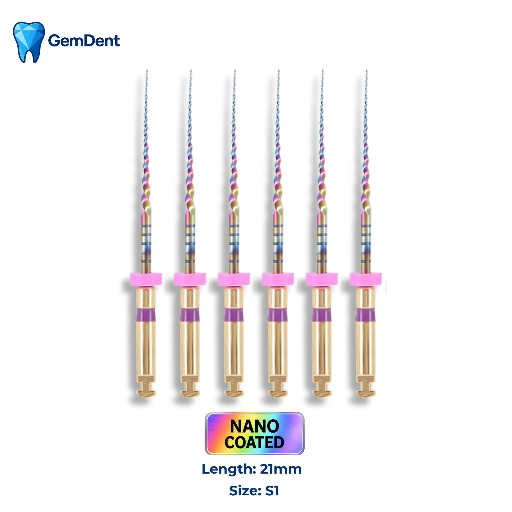 GemDent ApexDrive NiTi Rainbow Rotary Files (Nano Coated) 21mm S1 (6 Files)