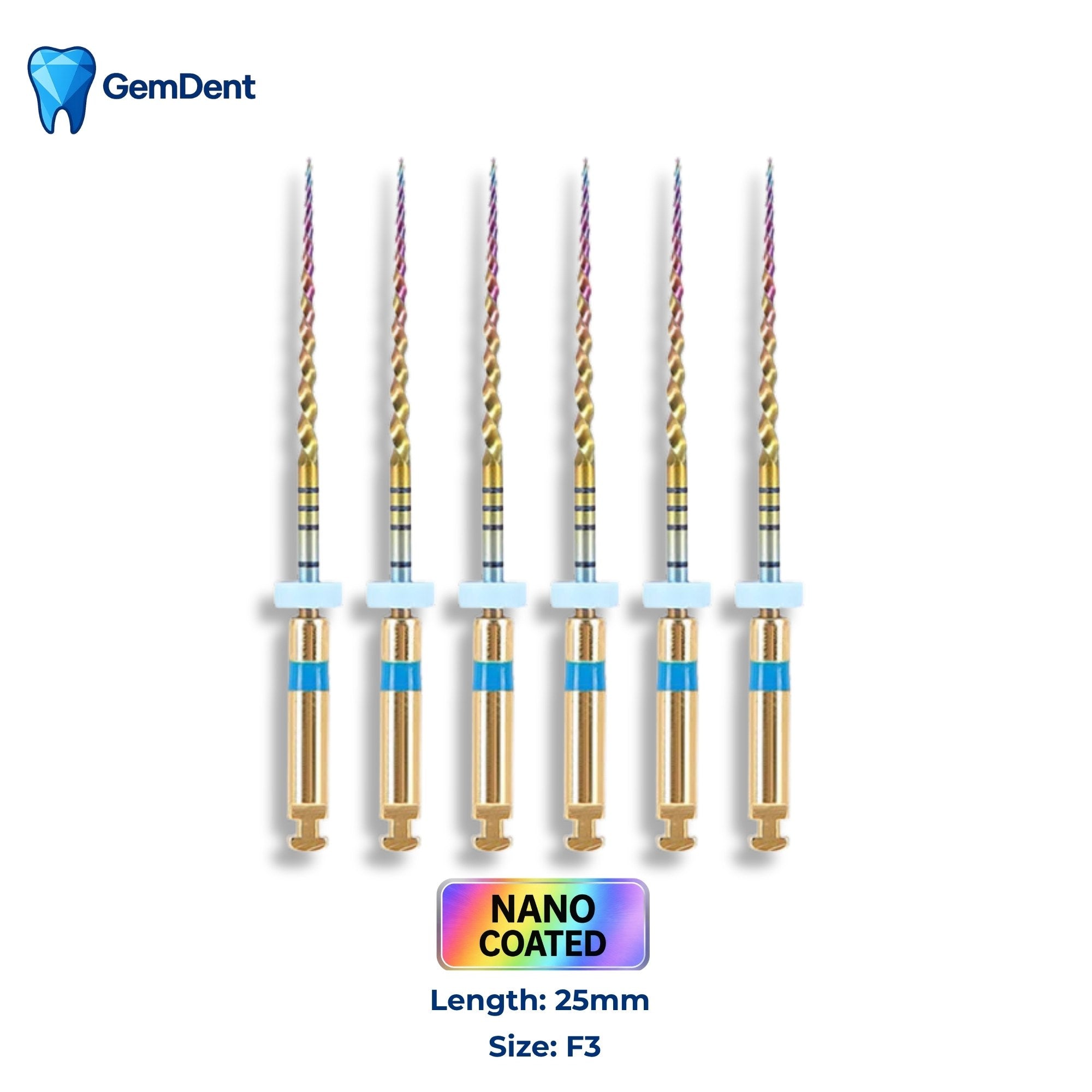 GemDent ApexDrive NiTi Rainbow Rotary Files (Nano Coated) 25mm F3 (6 Files)
