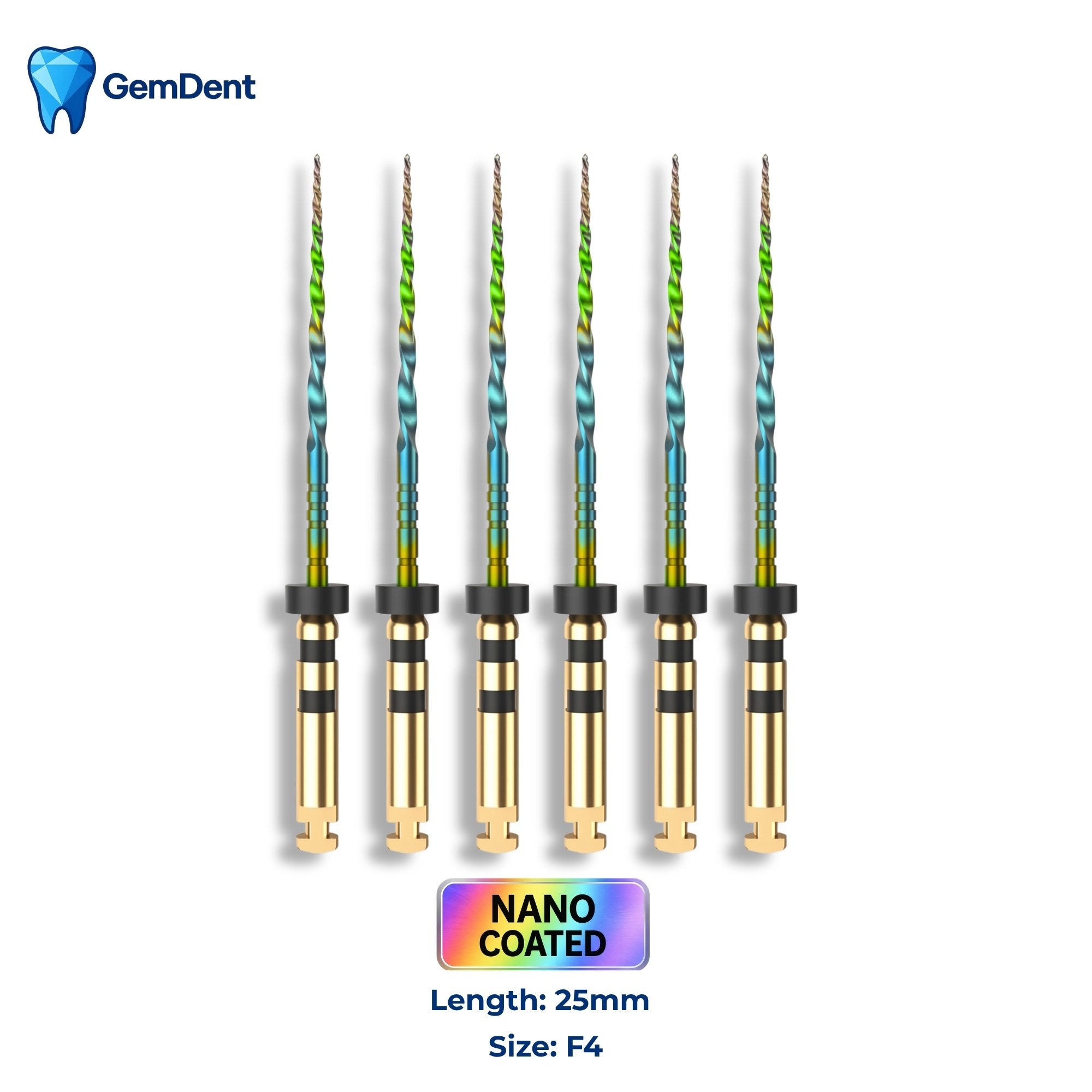GemDent ApexDrive NiTi Rainbow Rotary Files (Nano Coated) 25mm F4 (6 Files)